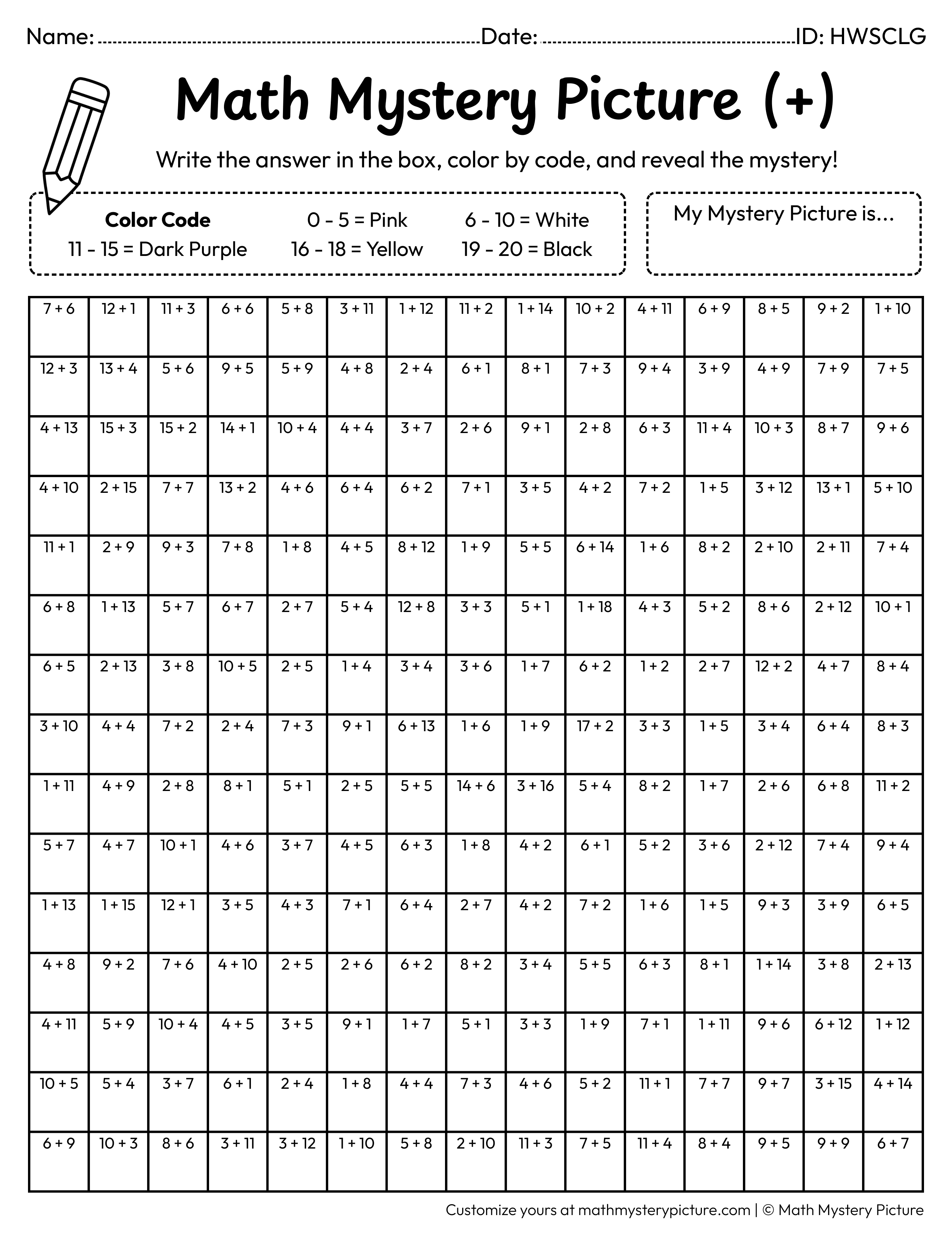 Halloween Cute Ghost Addition Within 20 Math Mystery Picture Coloring Worksheet