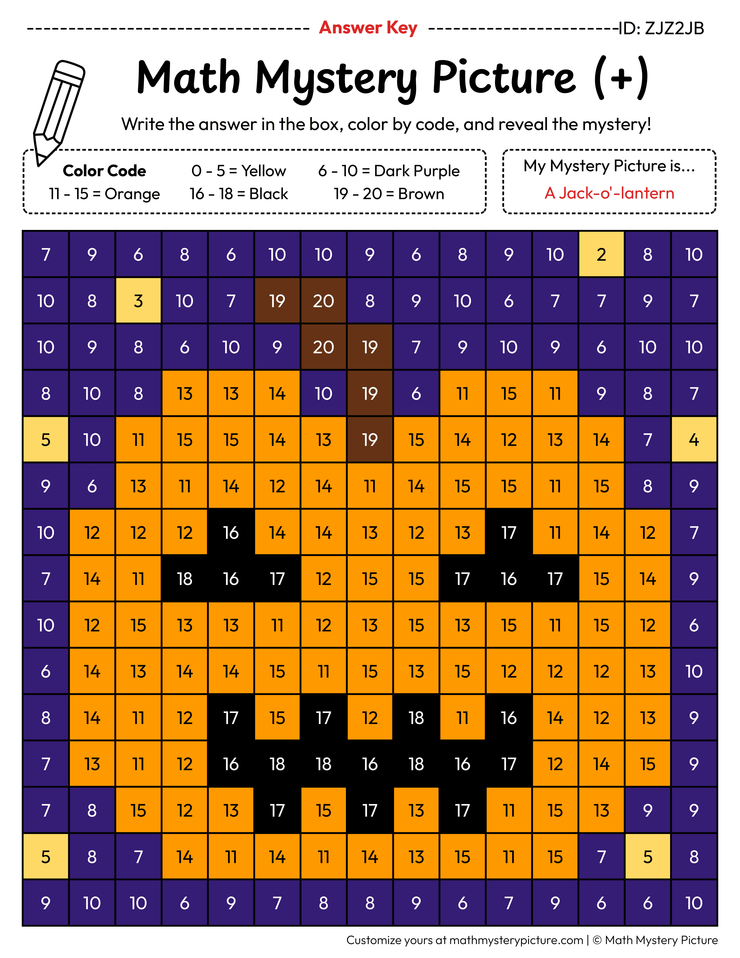 Halloween Jack-o'-lantern Addition Within 20 Math Mystery Picture Color by Number Answer Key