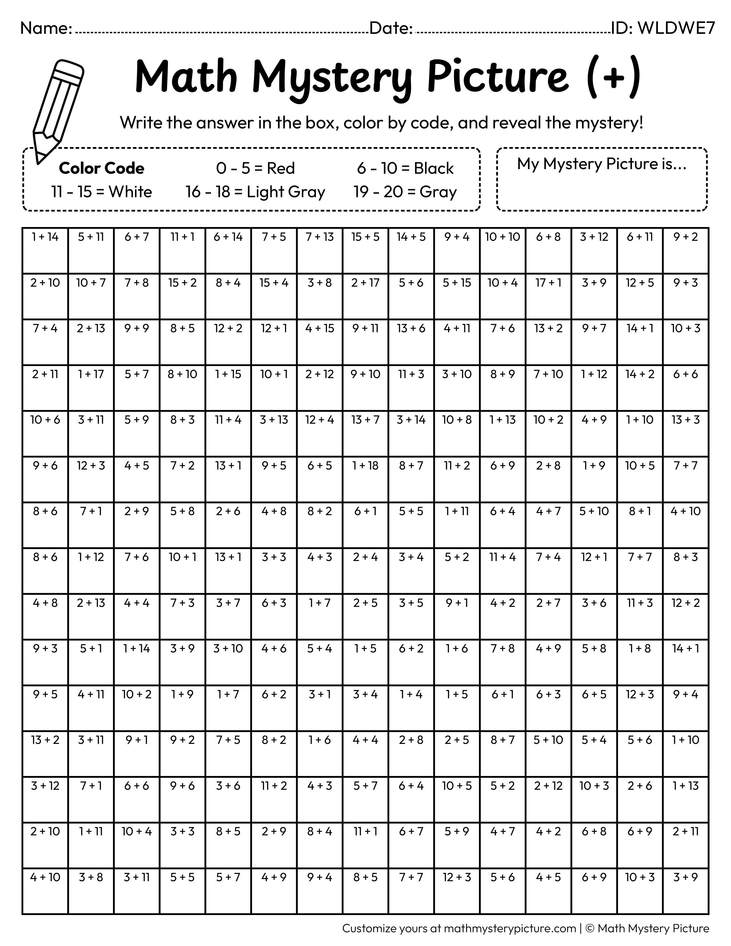 Halloween Spider Web Addition Within 20 Math Mystery Picture Coloring Worksheet