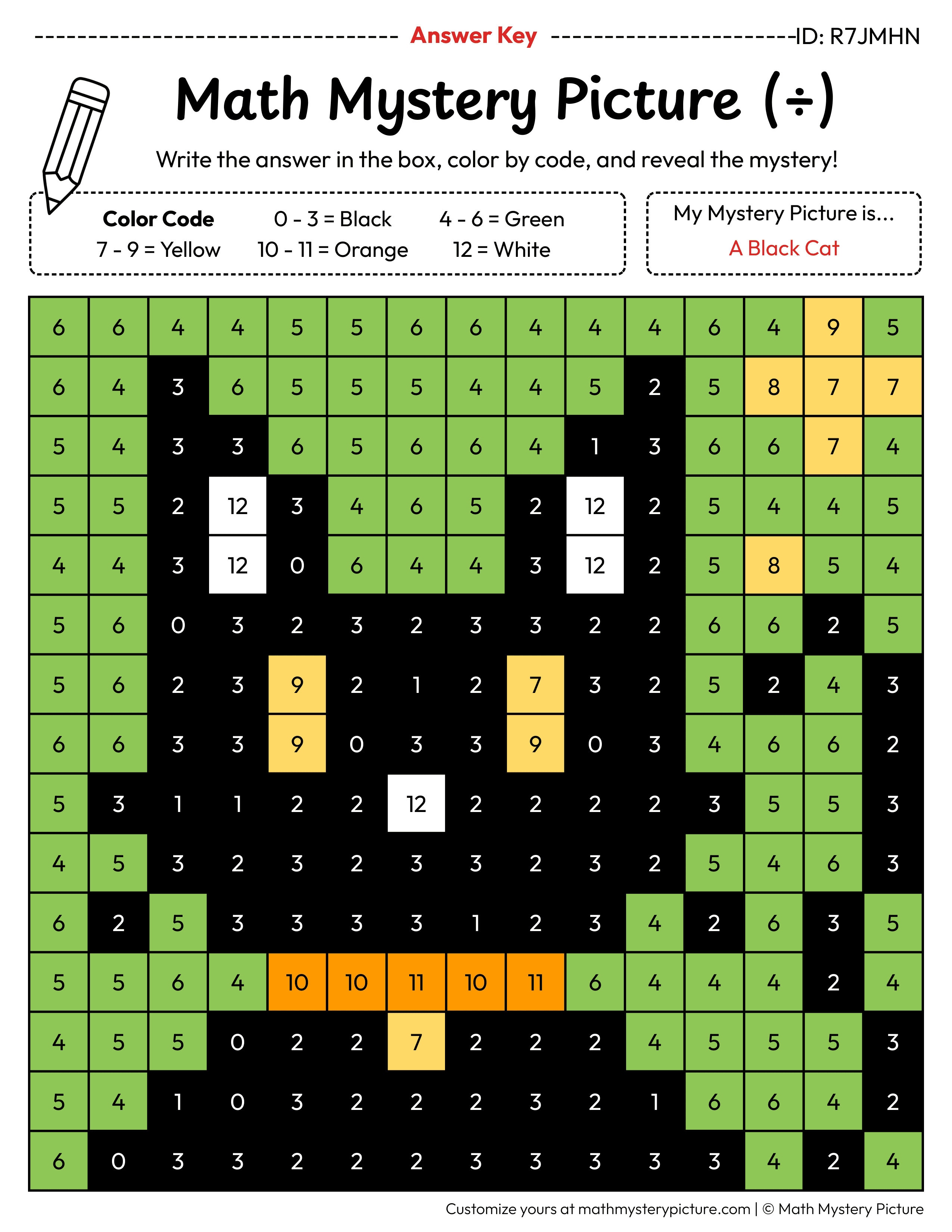 Halloween Black Cat Division Facts Math Mystery Picture Color by Number Answer Key