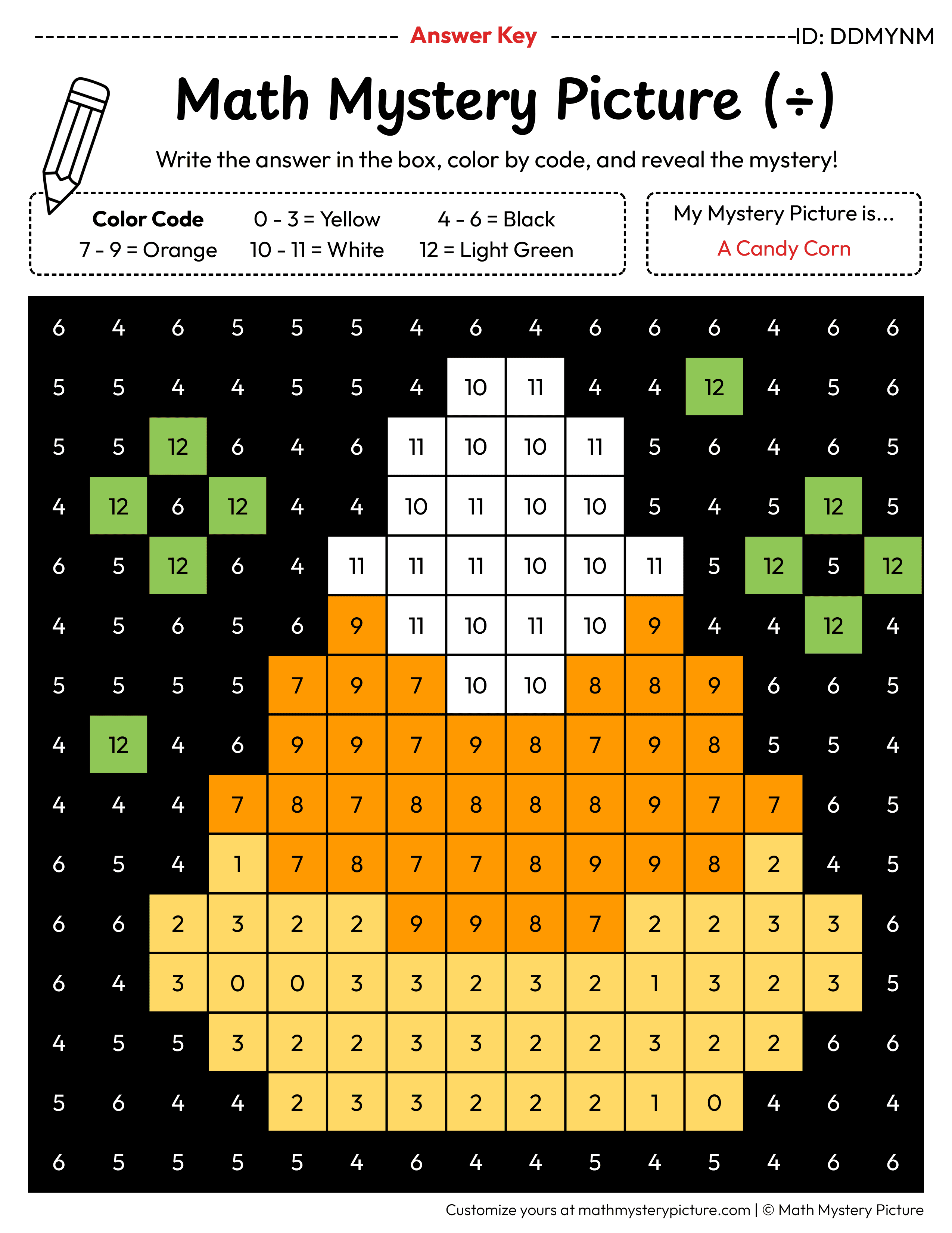 Halloween Candy Corn Division Facts Math Mystery Picture Color by Number Answer Key