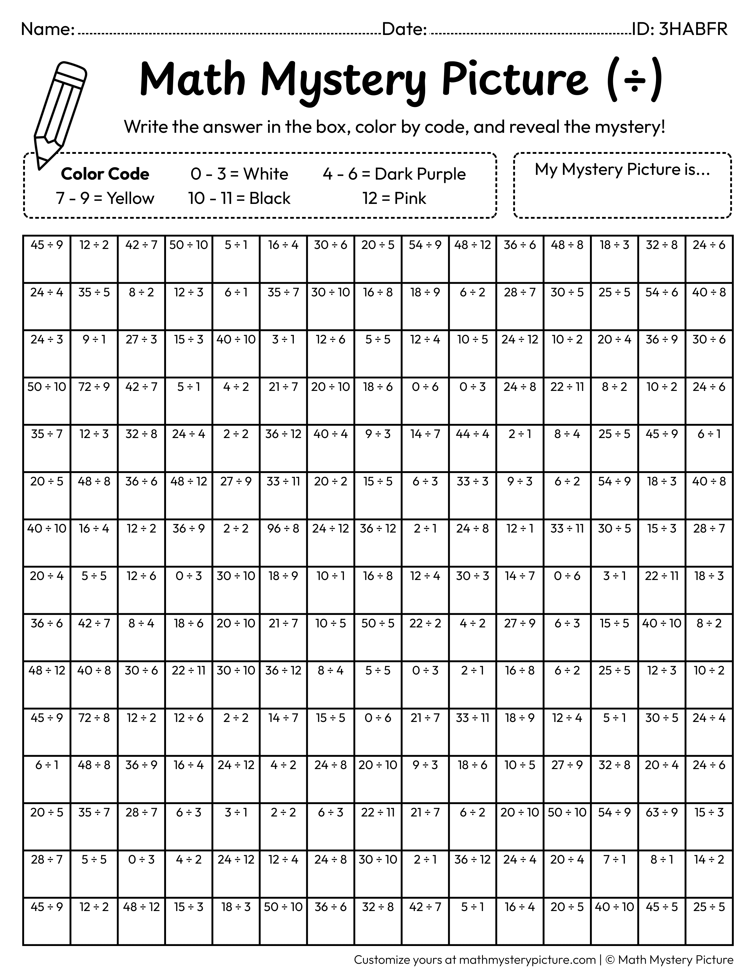 Halloween Cute Ghost Division Facts Math Mystery Picture Coloring Worksheet