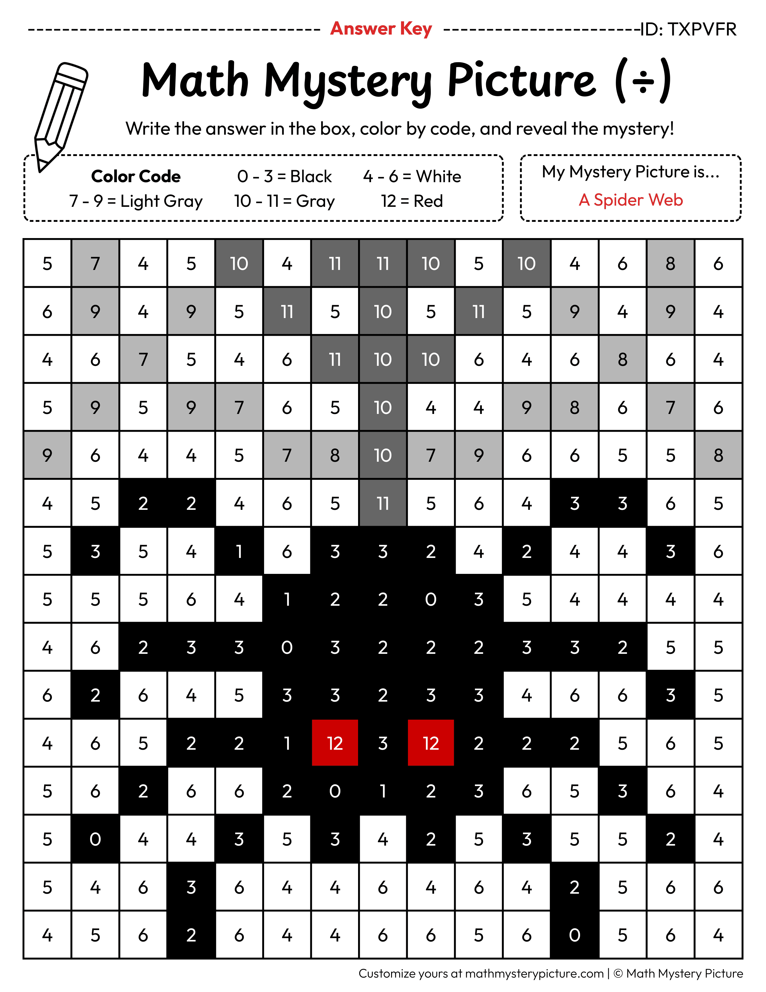 Halloween Spider Web Division Facts Math Mystery Picture Color by Number Answer Key