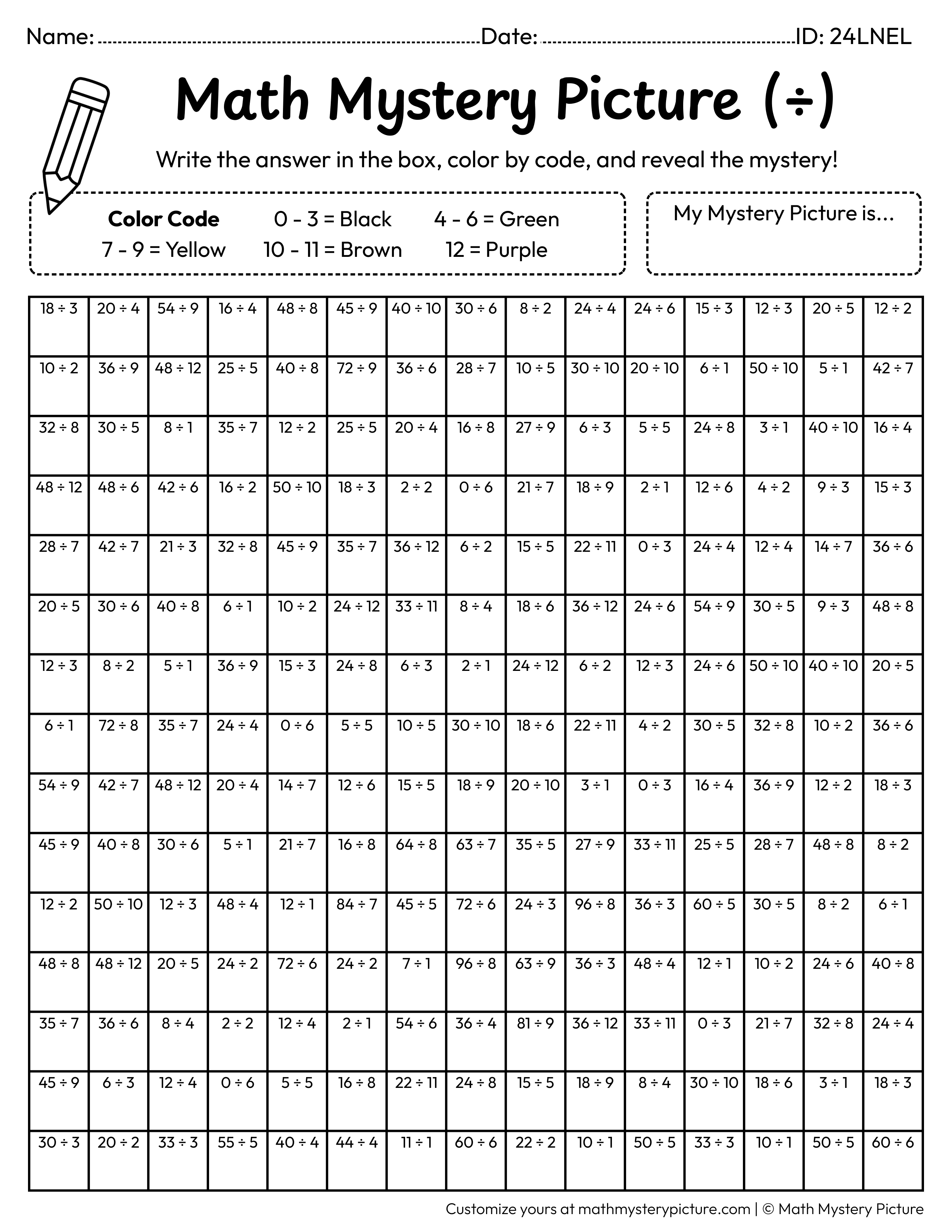 Halloween Witch Hat Division Facts Math Mystery Picture Coloring Worksheet