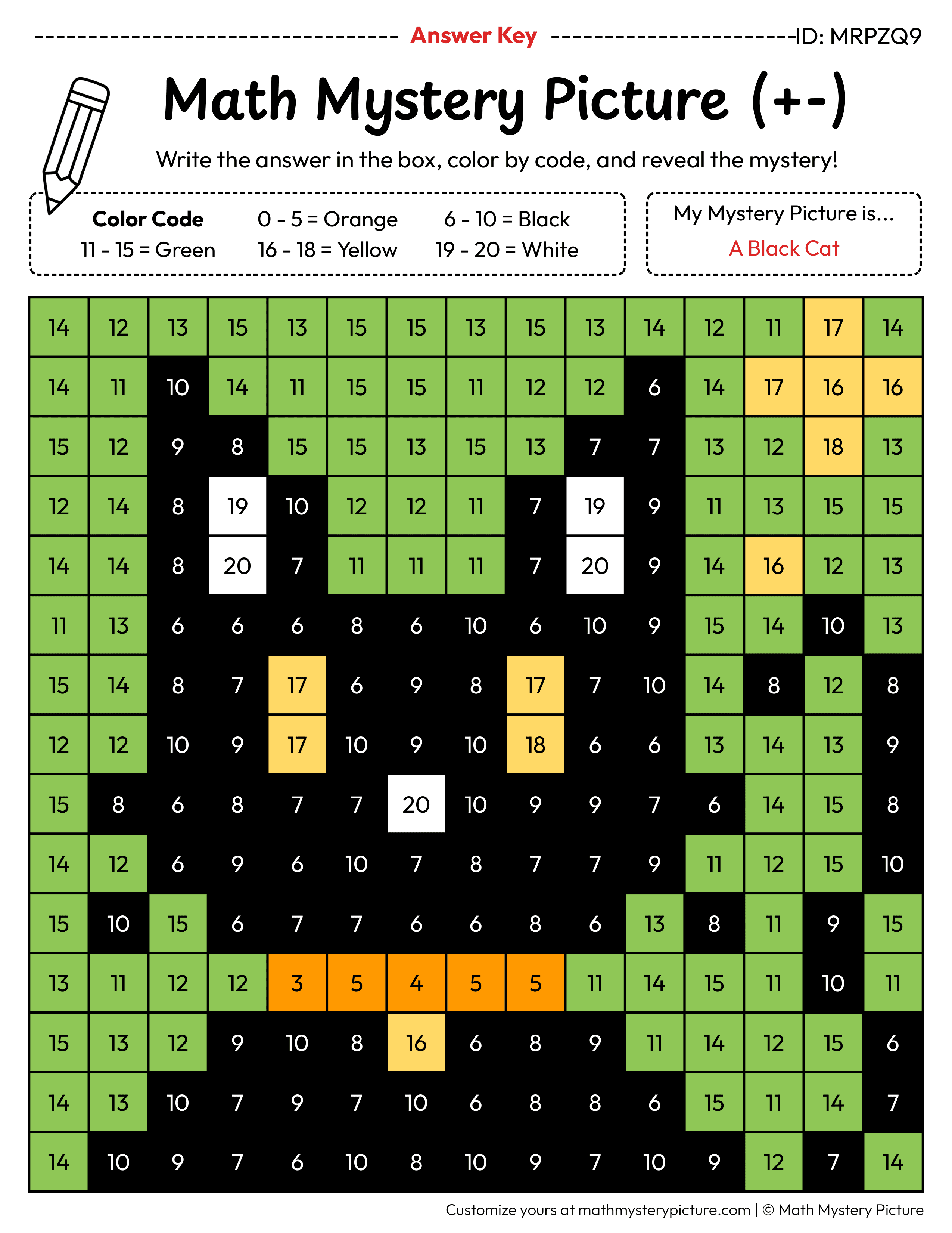 Halloween Black Cat Mixed Addition and Subtraction Within 20 Math Mystery Picture Color by Number Answer Key