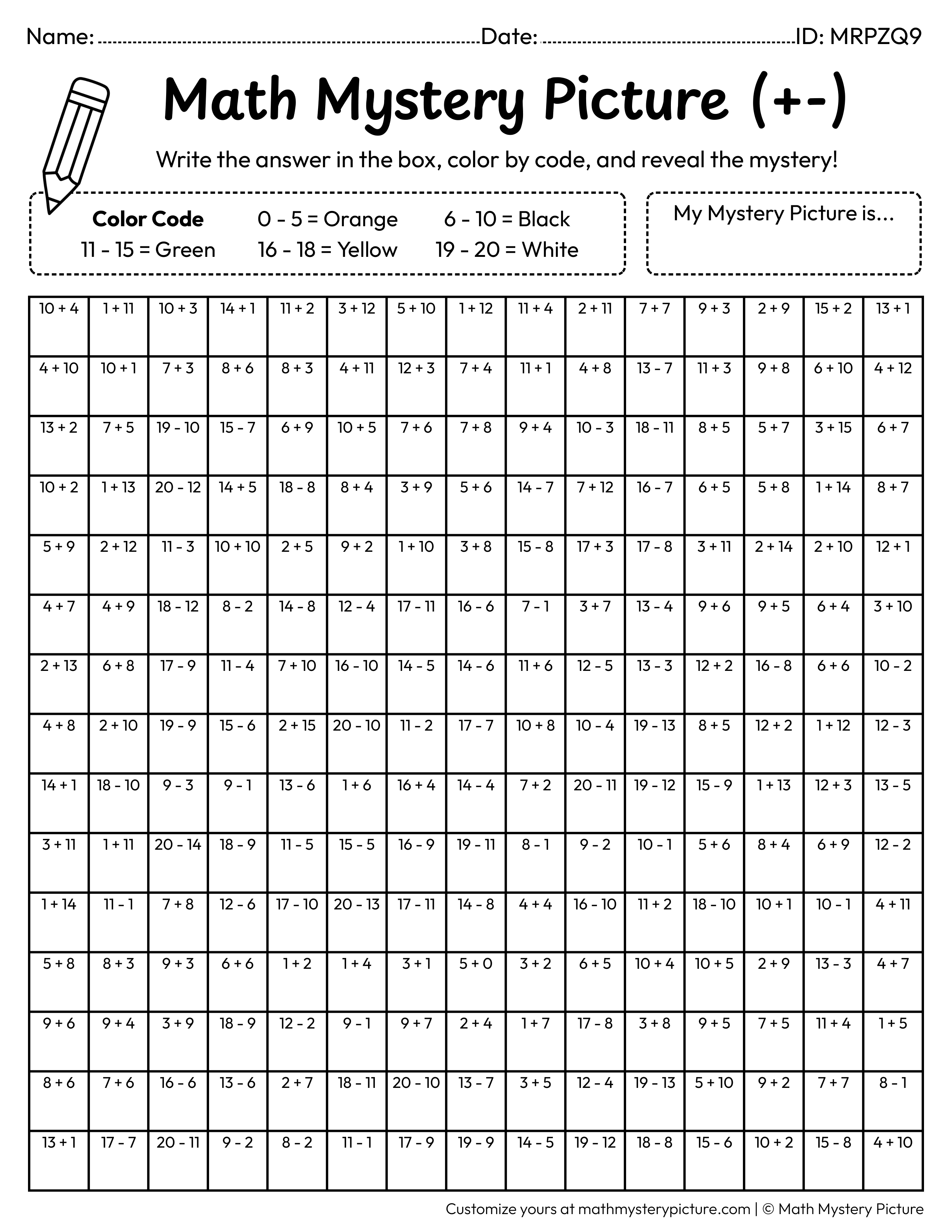 Halloween Black Cat Mixed Addition and Subtraction Within 20 Math Mystery Picture Coloring Worksheet