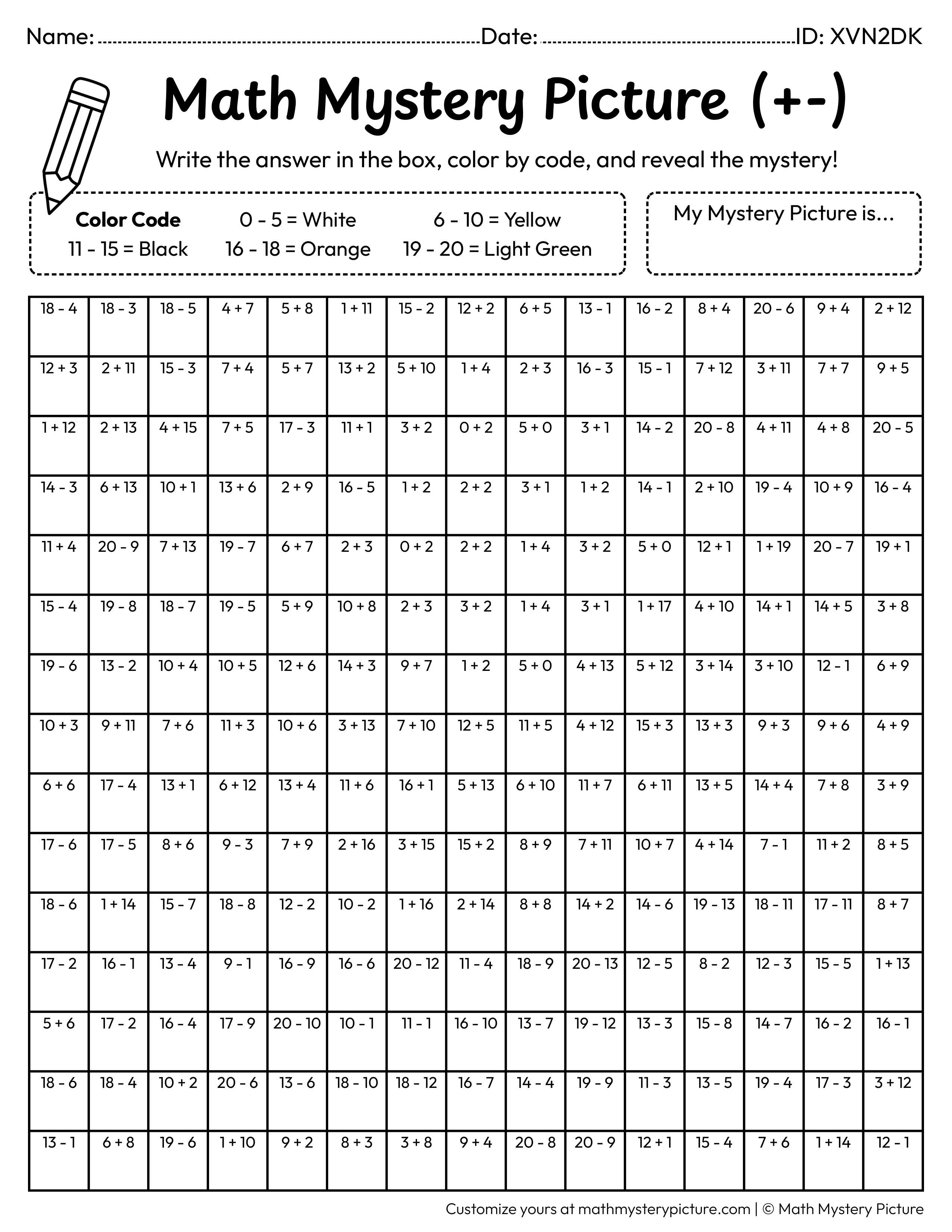 Halloween Candy Corn Mixed Addition and Subtraction Within 20 Math Mystery Picture Coloring Worksheet