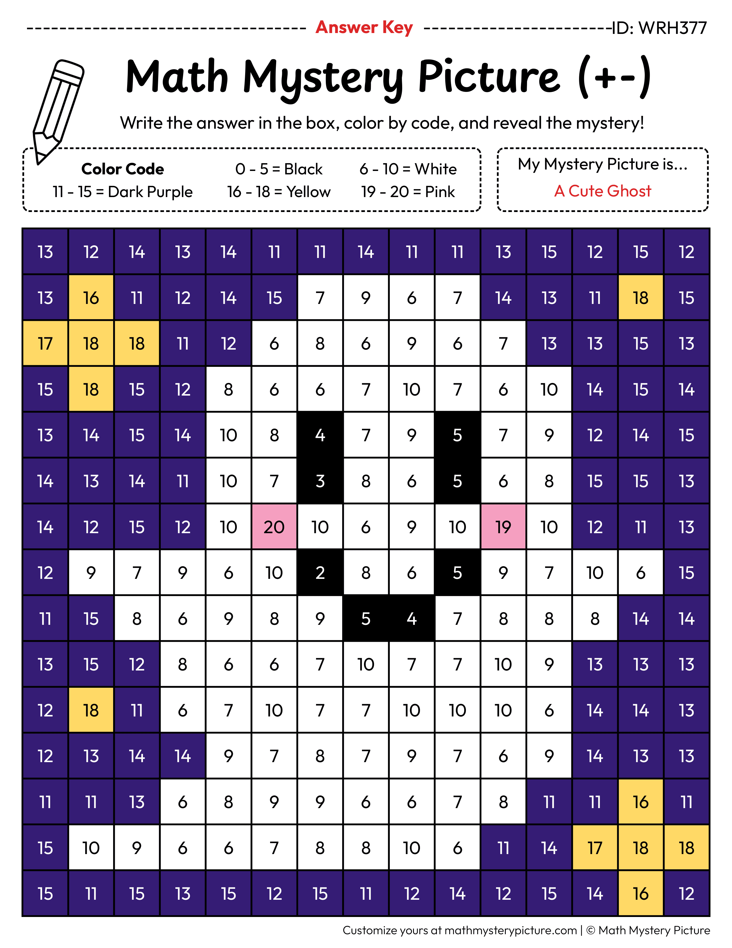 Halloween Cute Ghost Mixed Addition and Subtraction Within 20 Math Mystery Picture Color by Number Answer Key