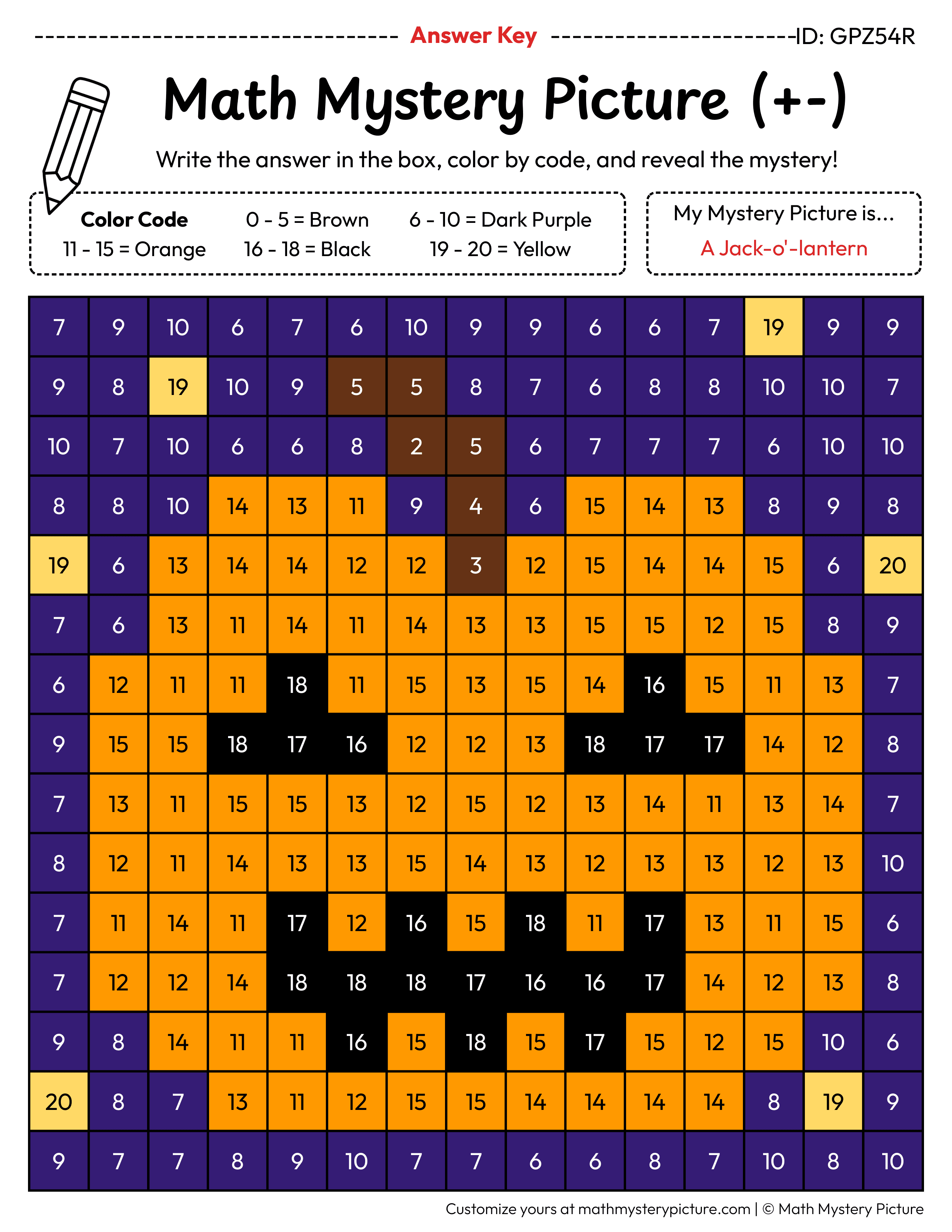Halloween Jack-o'-lantern Mixed Addition and Subtraction Within 20 Math Mystery Picture Color by Number Answer Key