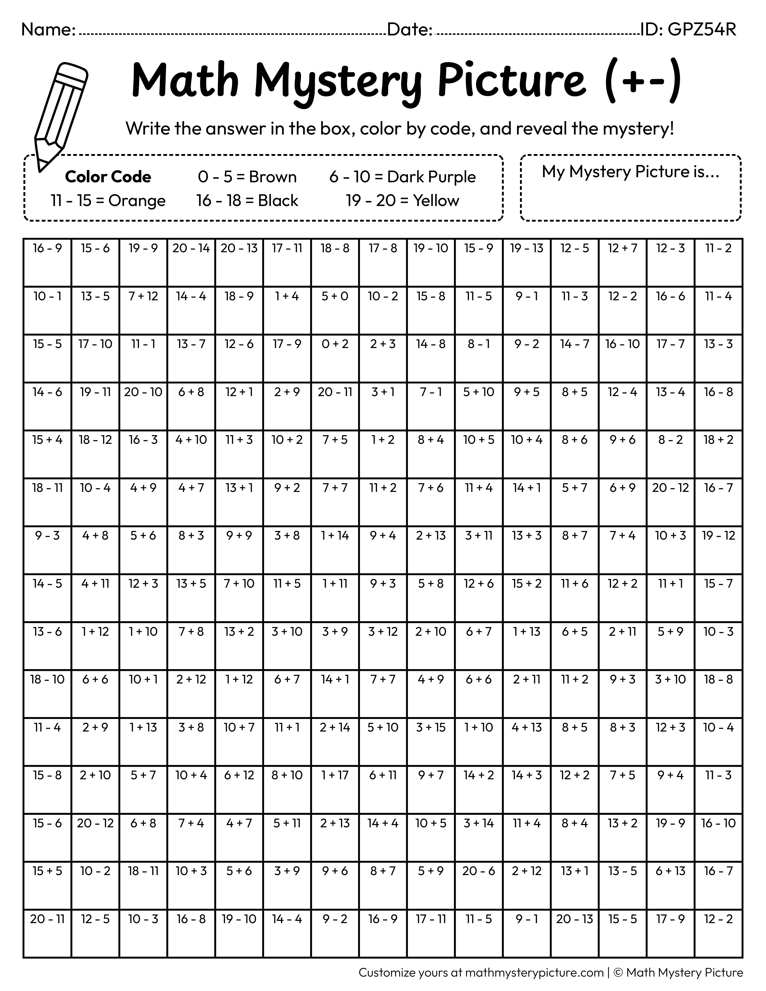 Halloween Jack-o'-lantern Mixed Addition and Subtraction Within 20 Math Mystery Picture Coloring Worksheet