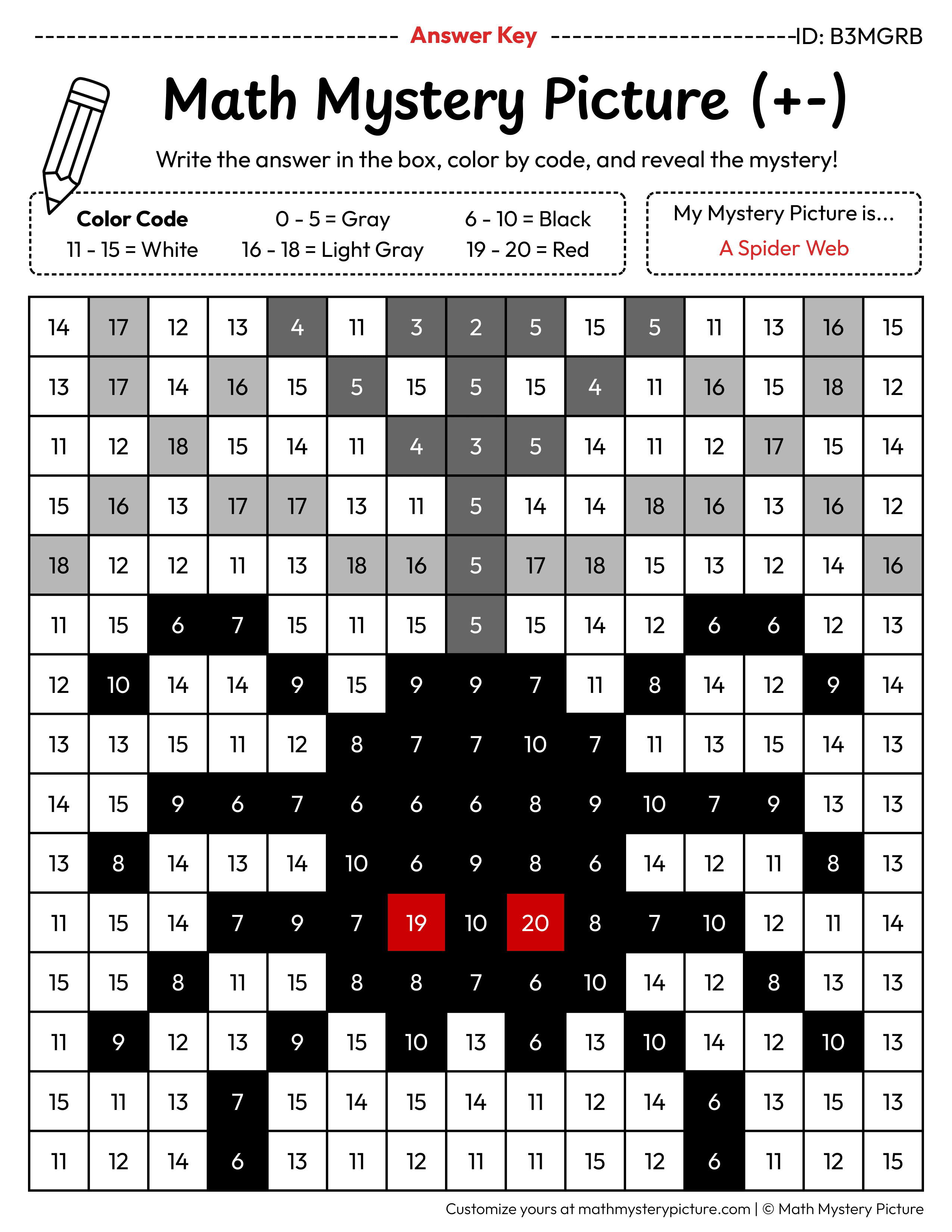 Halloween Spider Web Mixed Addition and Subtraction Within 20 Math Mystery Picture Color by Number Answer Key