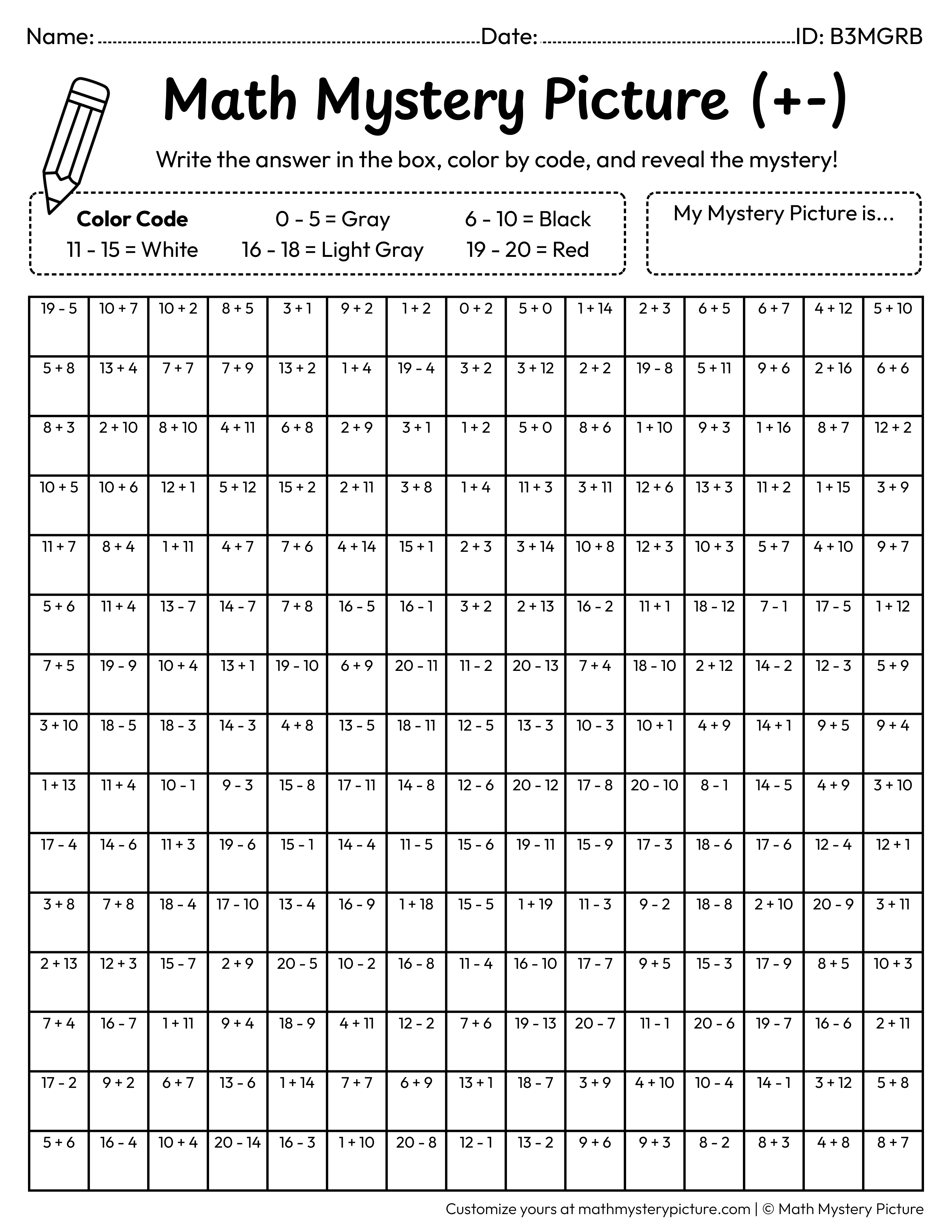 Halloween Spider Web Mixed Addition and Subtraction Within 20 Math Mystery Picture Coloring Worksheet