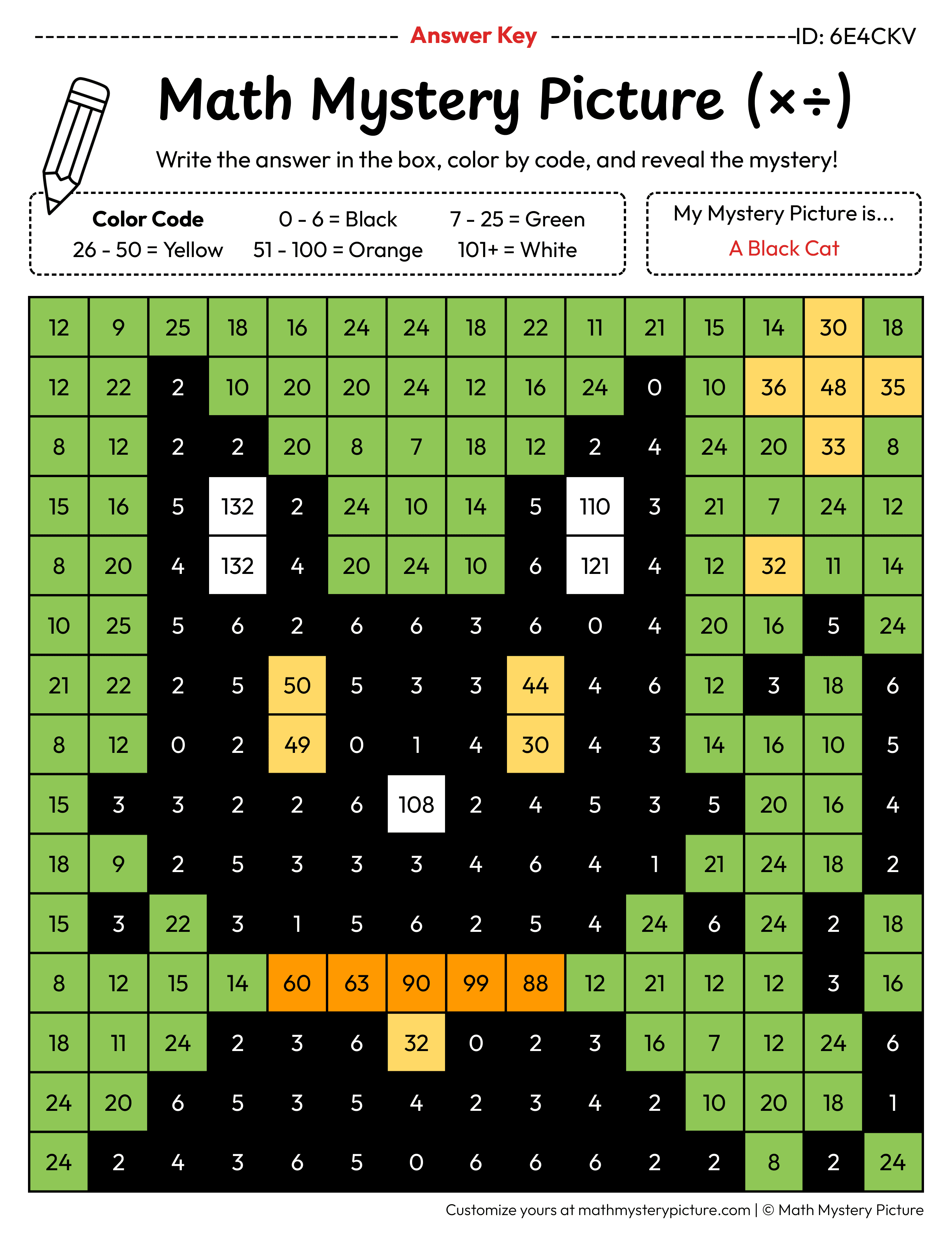 Halloween Black Cat Mixed Multiplication and Division Facts Math Mystery Picture Color by Number Answer Key