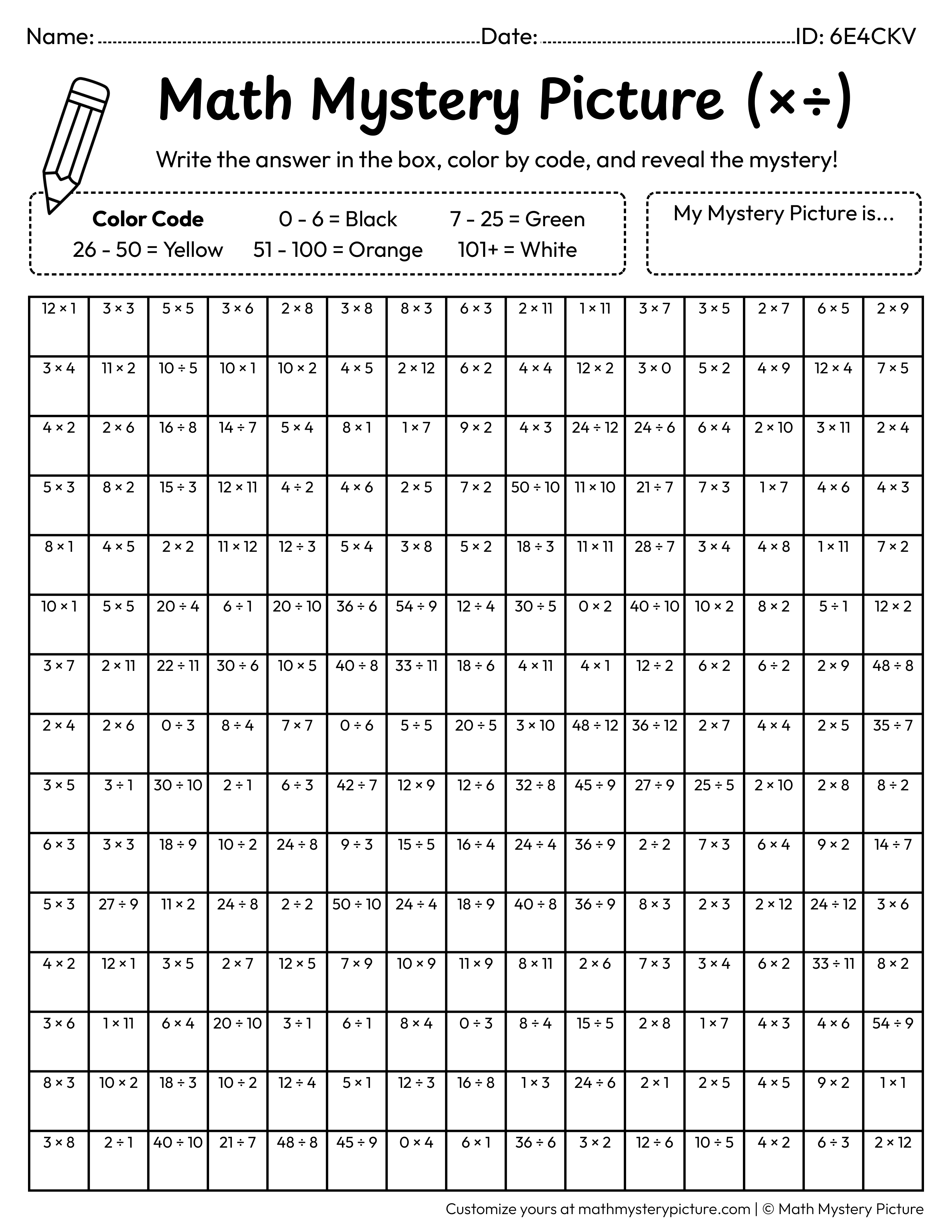 Halloween Black Cat Mixed Multiplication and Division Facts Math Mystery Picture Coloring Worksheet