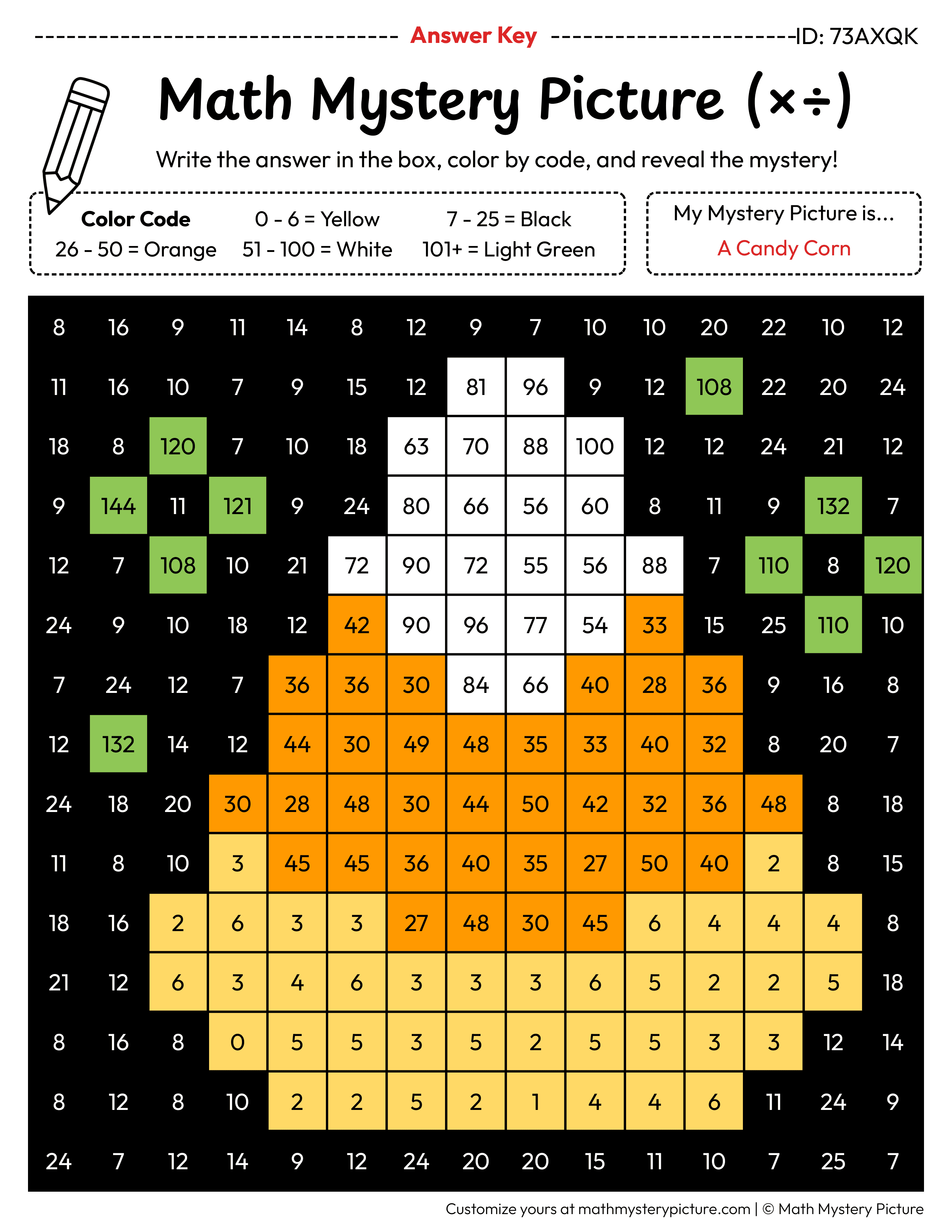 Halloween Candy Corn Mixed Multiplication and Division Facts Math Mystery Picture Color by Number Answer Key