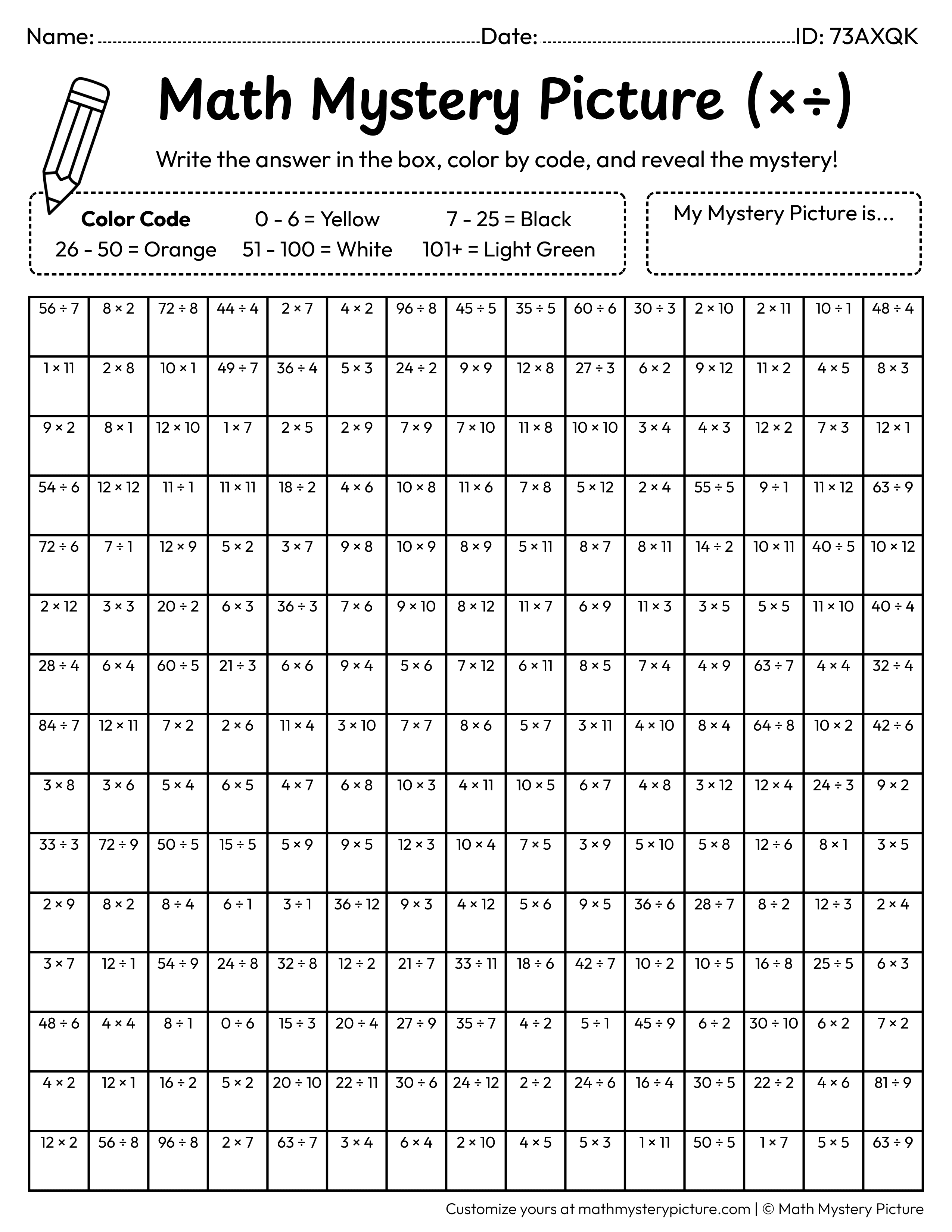 Halloween Candy Corn Mixed Multiplication and Division Facts Math Mystery Picture Coloring Worksheet