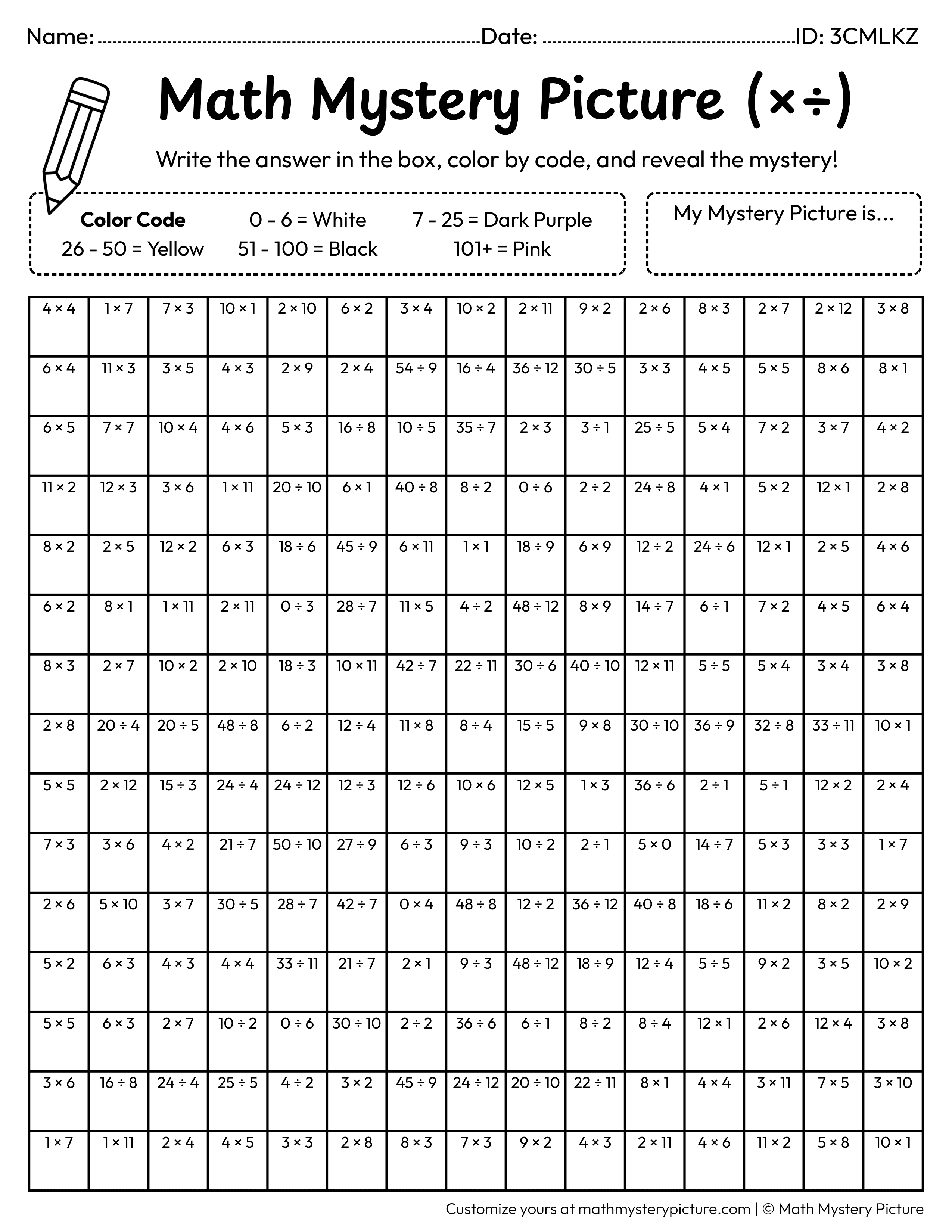 Halloween Cute Ghost Mixed Multiplication and Division Facts Math Mystery Picture Coloring Worksheet