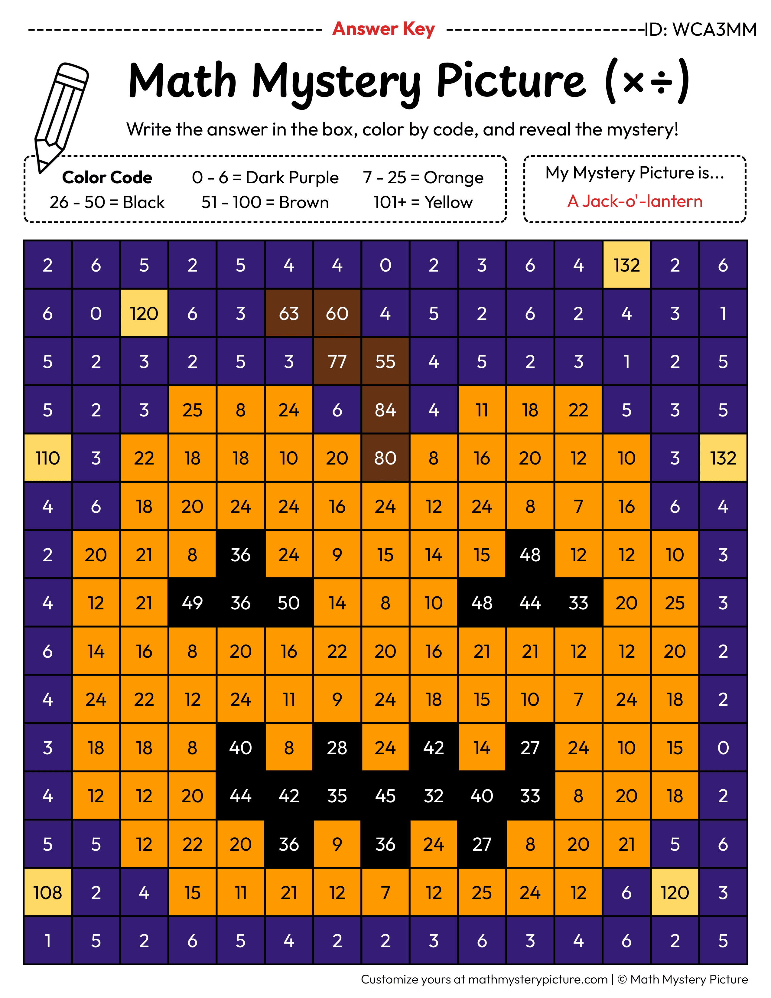 Halloween Jack-o'-lantern Mixed Multiplication and Division Facts Math Mystery Picture Color by Number Answer Key