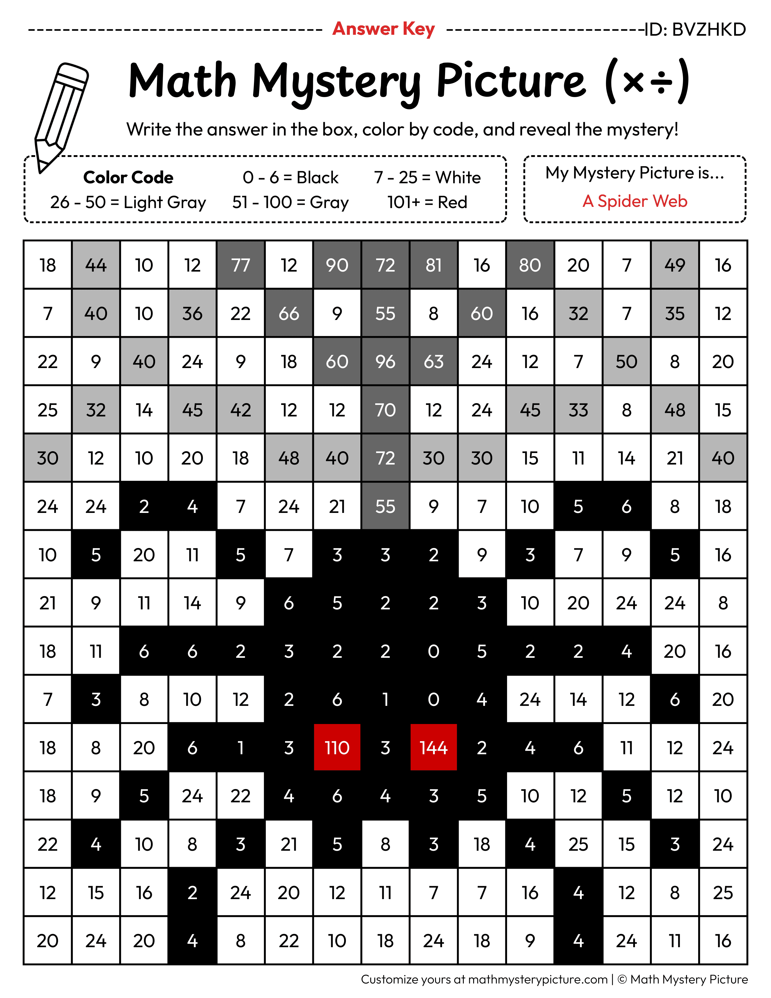 Halloween Spider Web Mixed Multiplication and Division Facts Math Mystery Picture Color by Number Answer Key