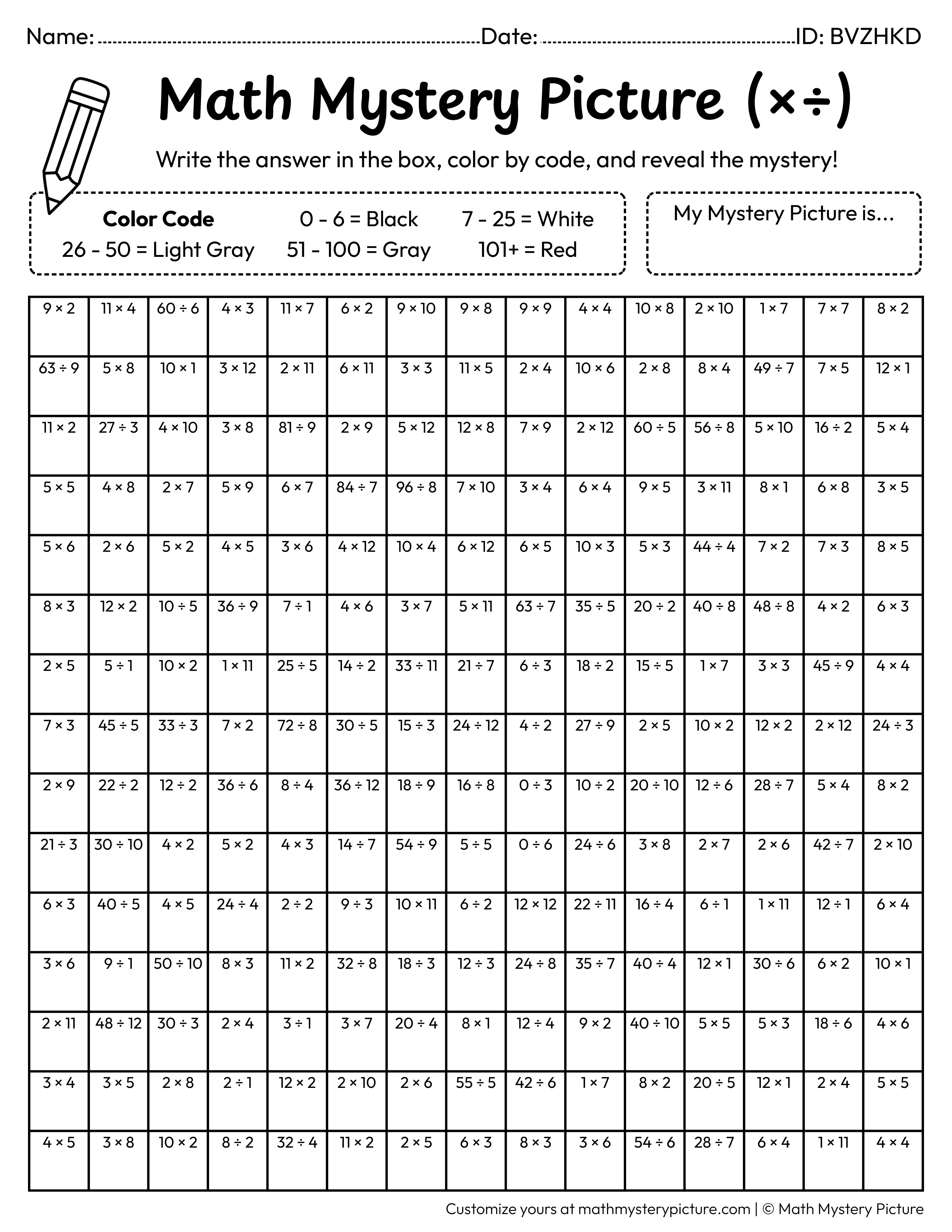 Halloween Spider Web Mixed Multiplication and Division Facts Math Mystery Picture Coloring Worksheet