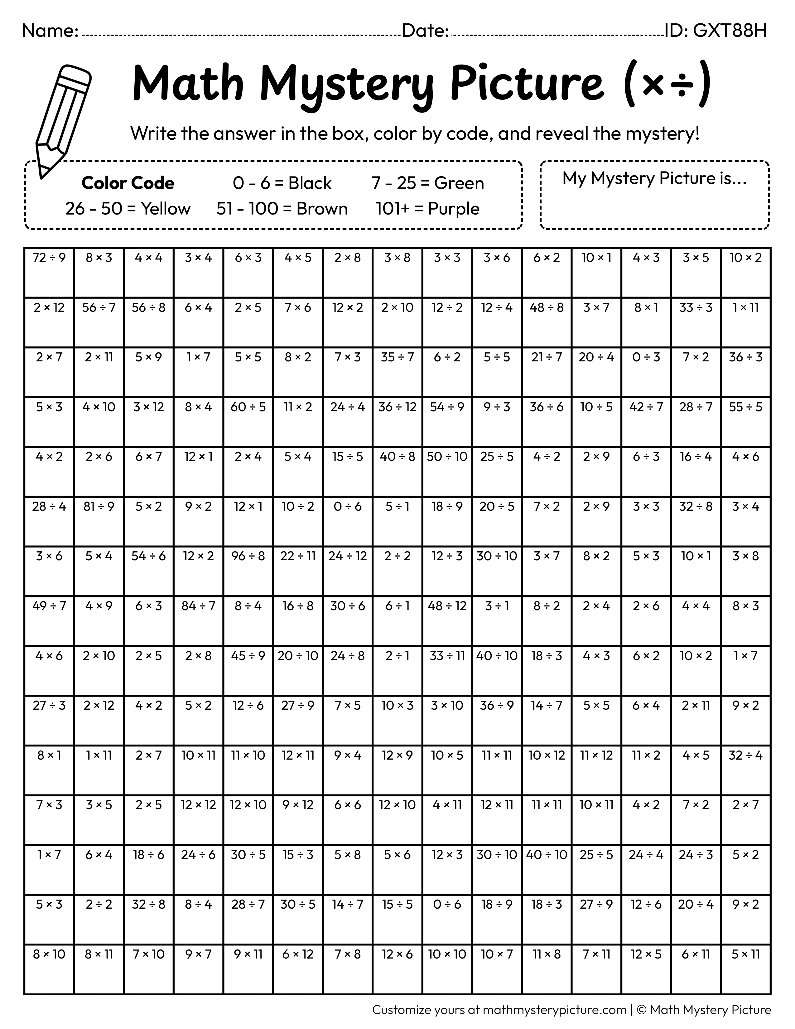 Halloween Witch Hat Mixed Multiplication and Division Facts Math Mystery Picture Coloring Worksheet