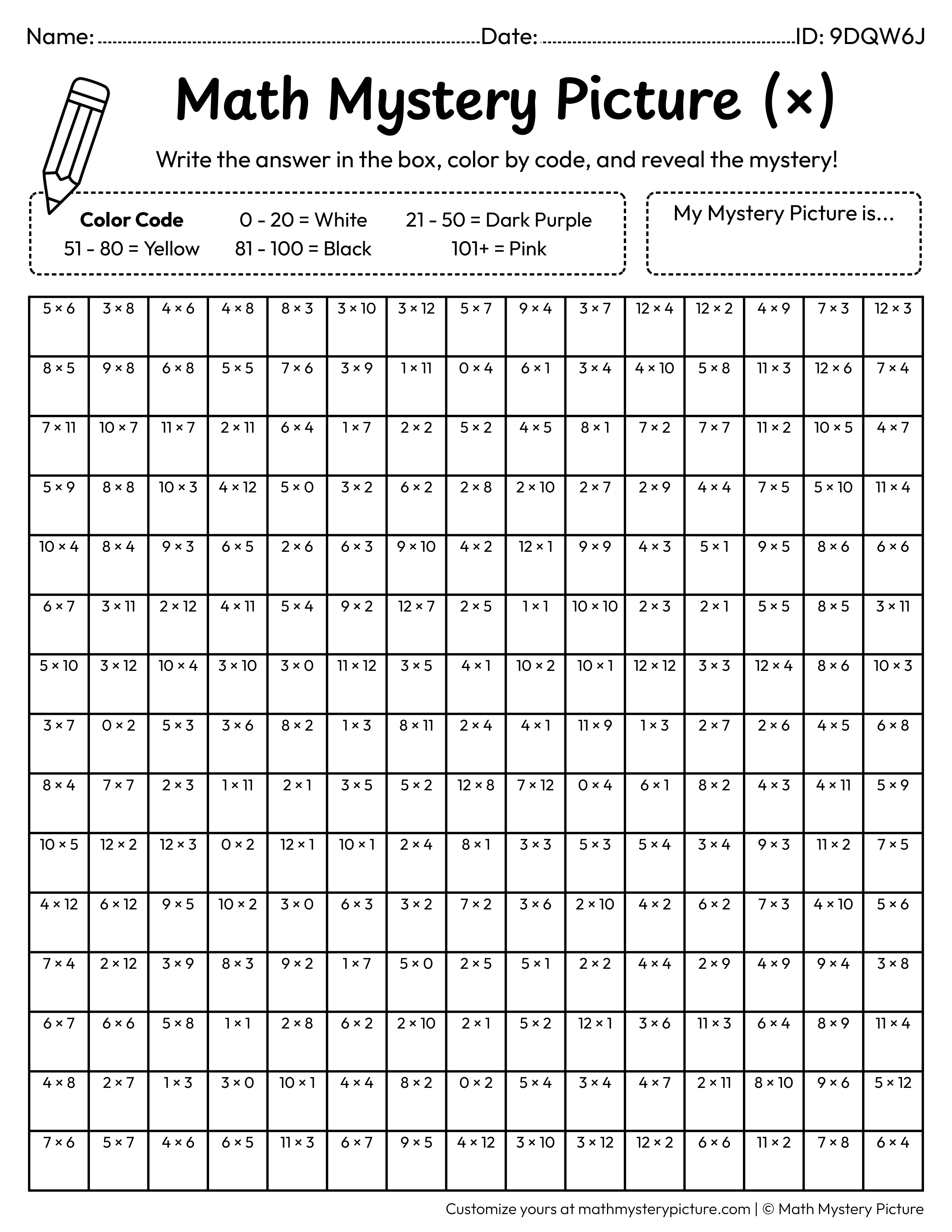Halloween Cute Ghost Multiplication Facts Math Mystery Picture Coloring Worksheet