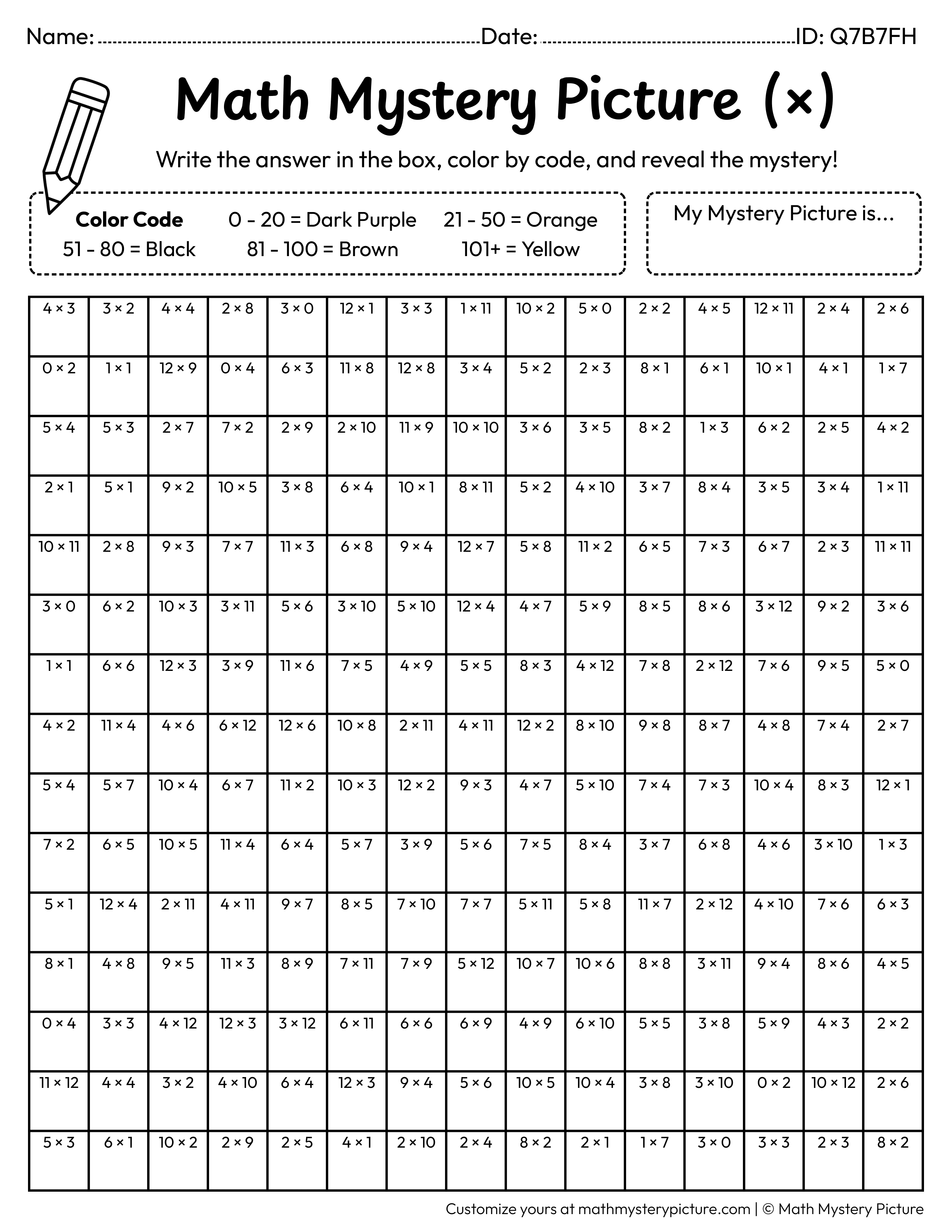 Halloween Jack-o'-lantern Multiplication Facts Math Mystery Picture Coloring Worksheet