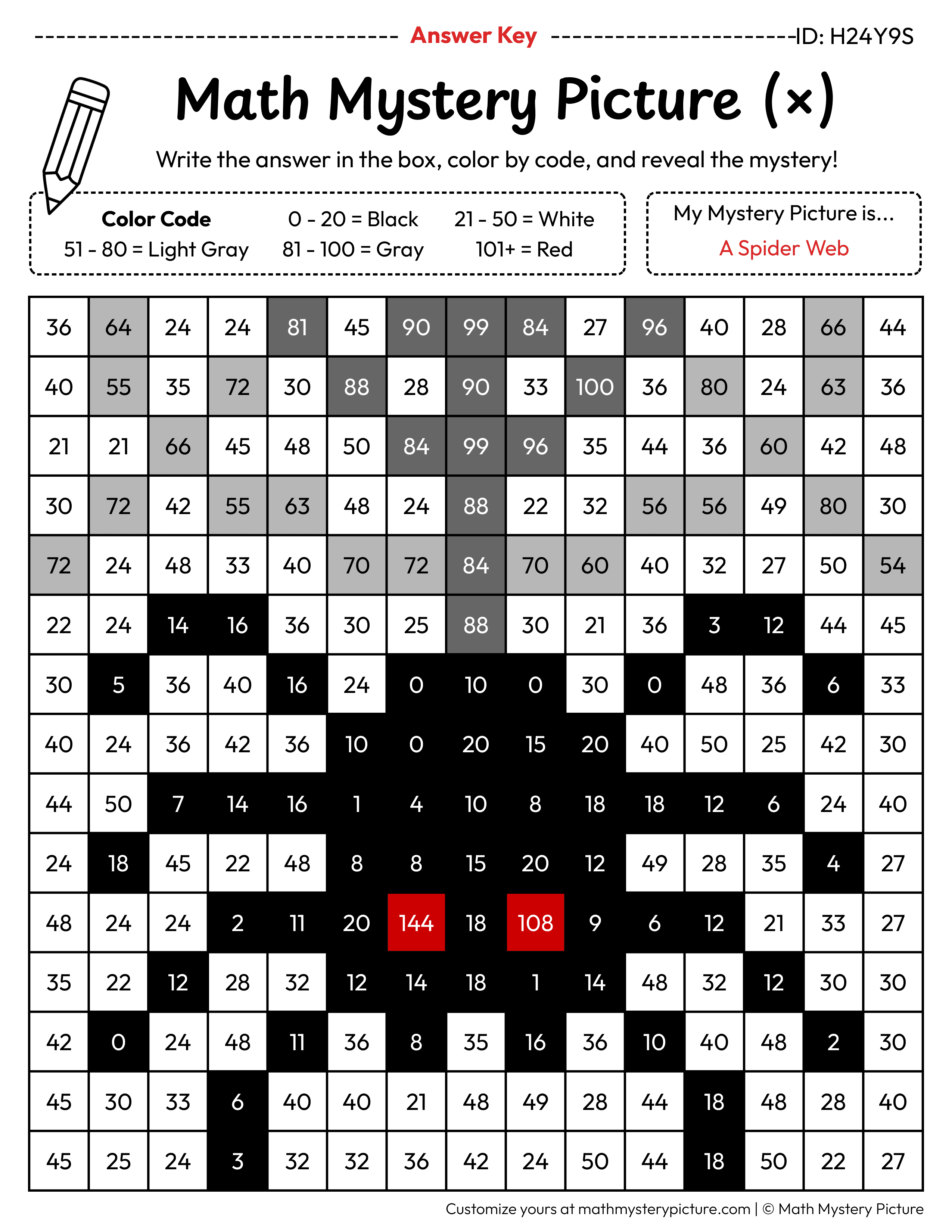 Halloween Spider Web Multiplication Facts Math Mystery Picture Color by Number Answer Key