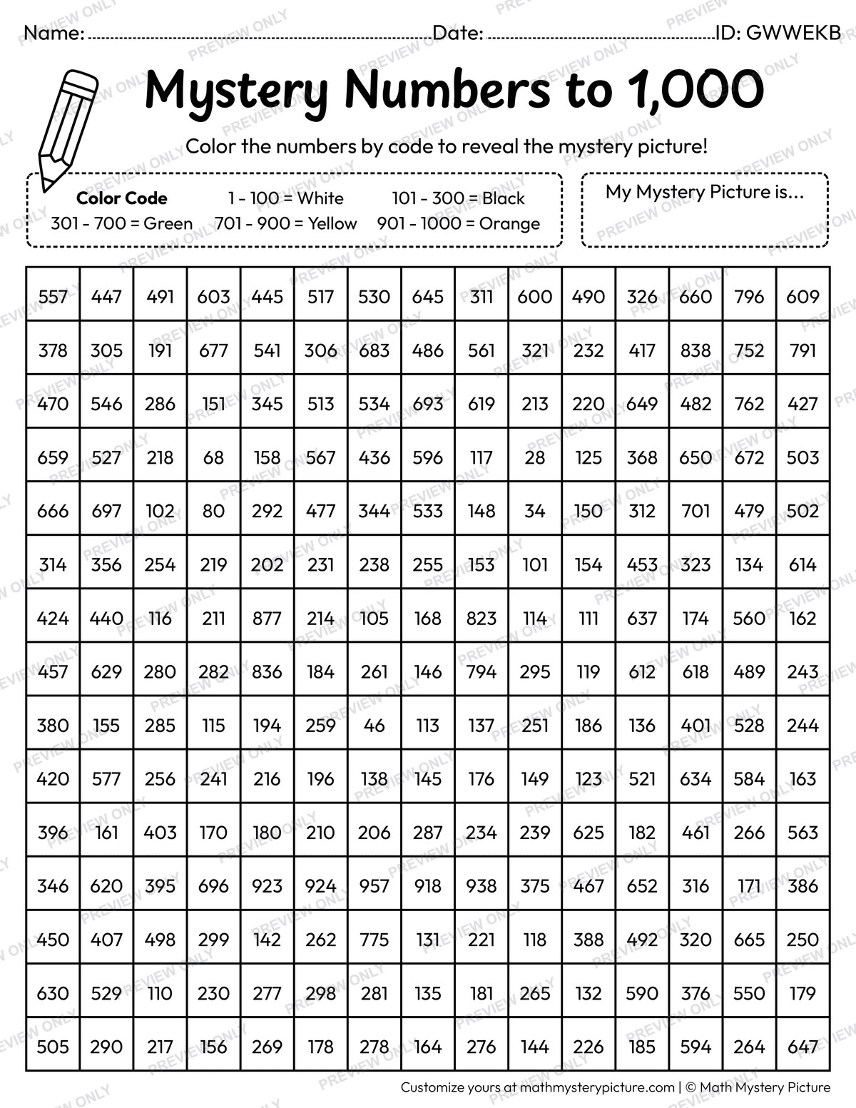 Halloween Black Cat Numbers to 1,000 Math Mystery Picture Coloring Worksheet