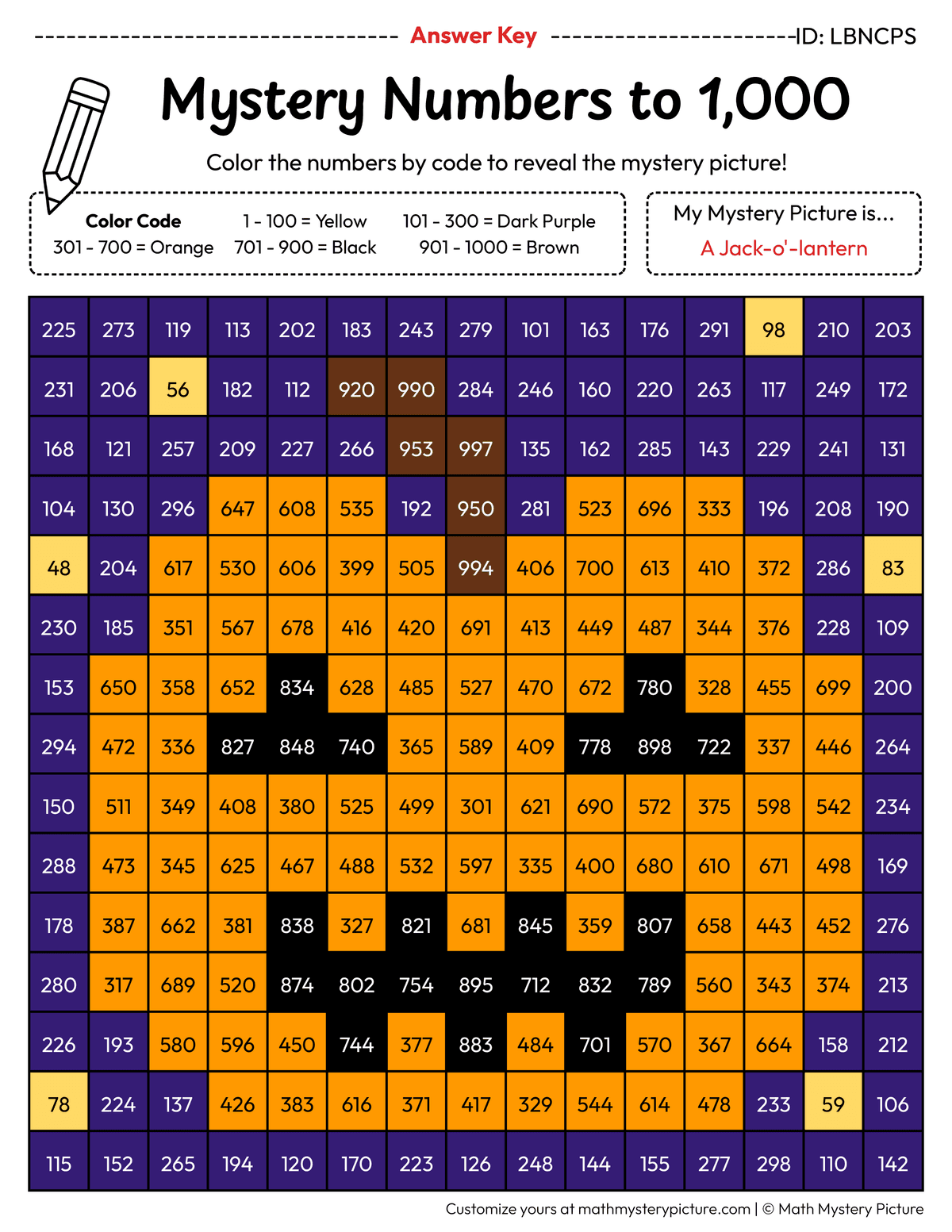 Halloween Jack-o'-lantern Numbers to 1,000 Math Mystery Picture Color by Number Answer Key