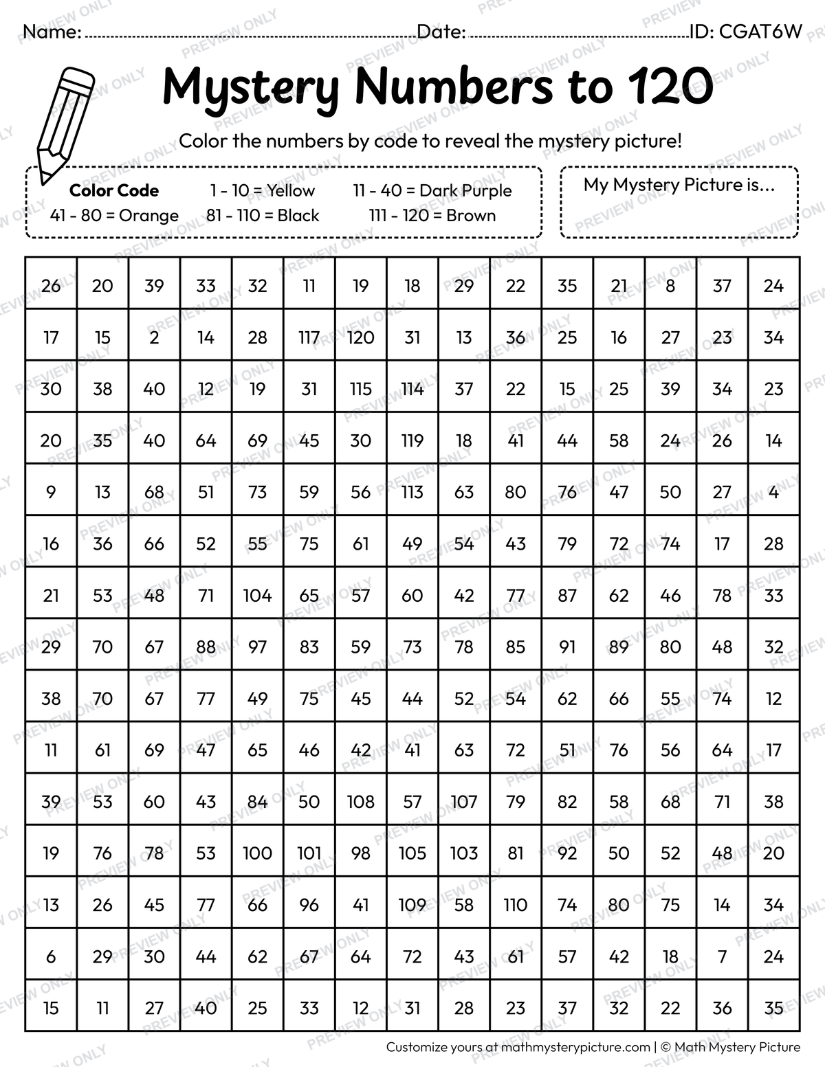 Halloween Jack-o'-lantern Numbers to 120 Math Mystery Picture Coloring Worksheet