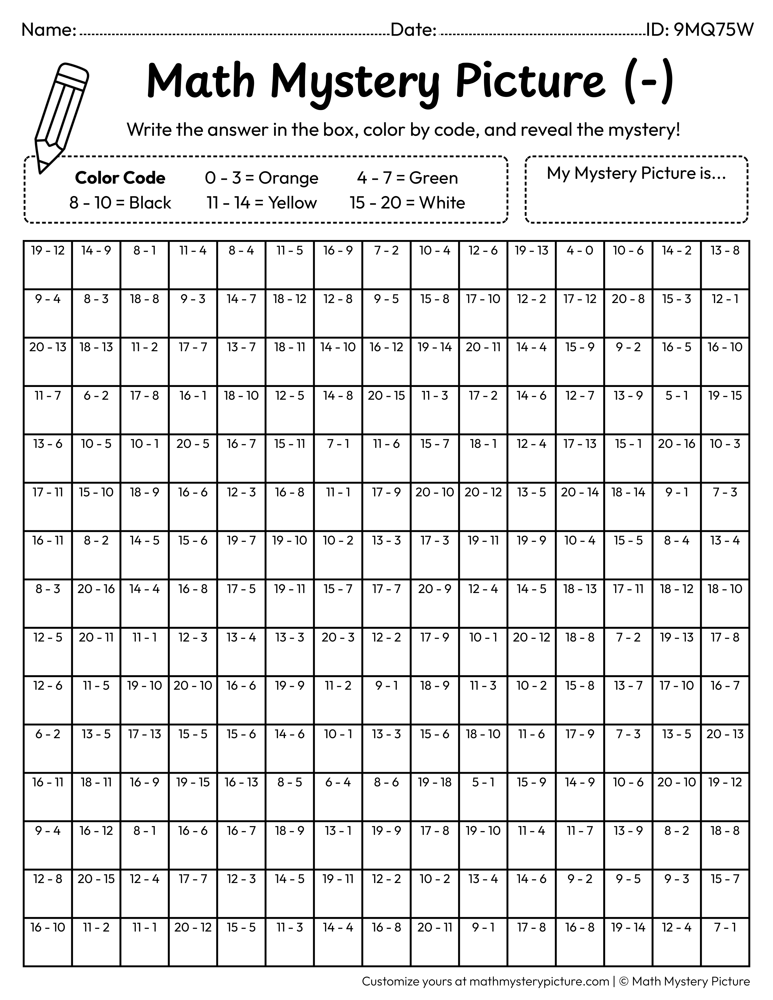 Halloween Black Cat Subtraction Within 20 Math Mystery Picture Coloring Worksheet