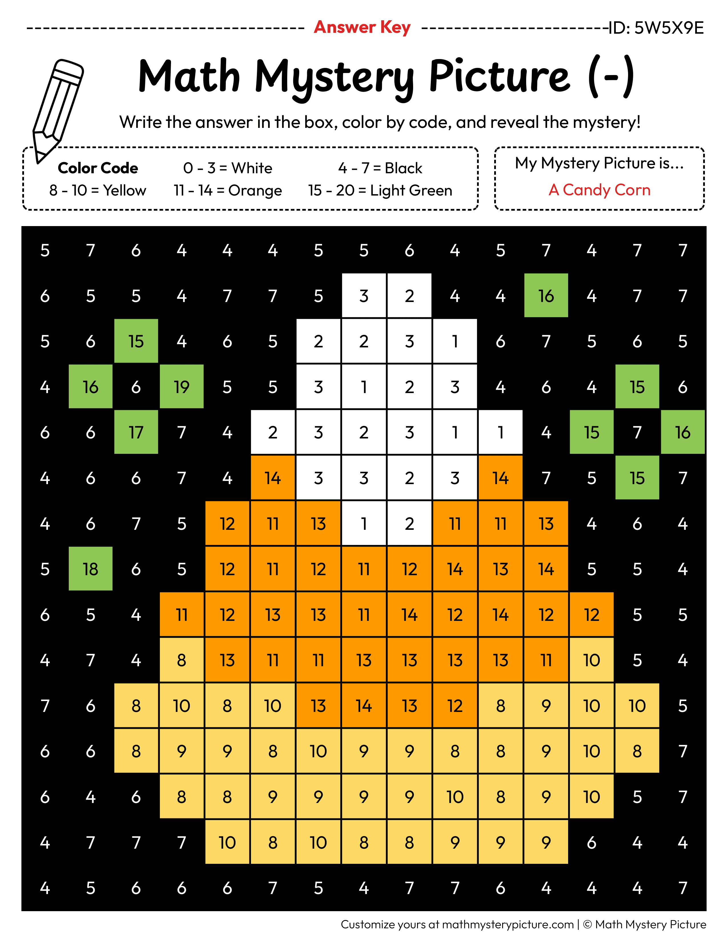 Halloween Candy Corn Subtraction Within 20 Math Mystery Picture Color by Number Answer Key