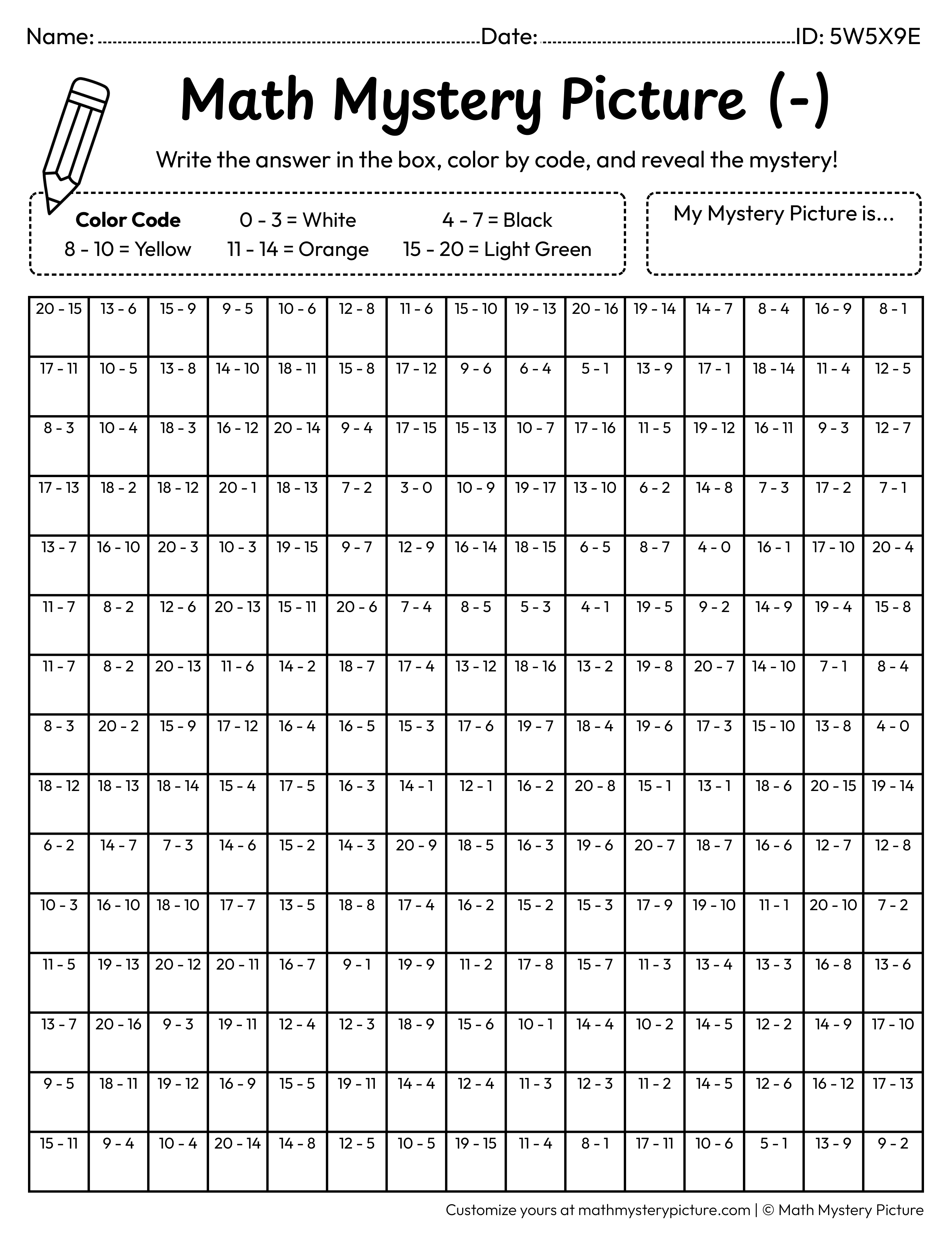 Halloween Candy Corn Subtraction Within 20 Math Mystery Picture Coloring Worksheet