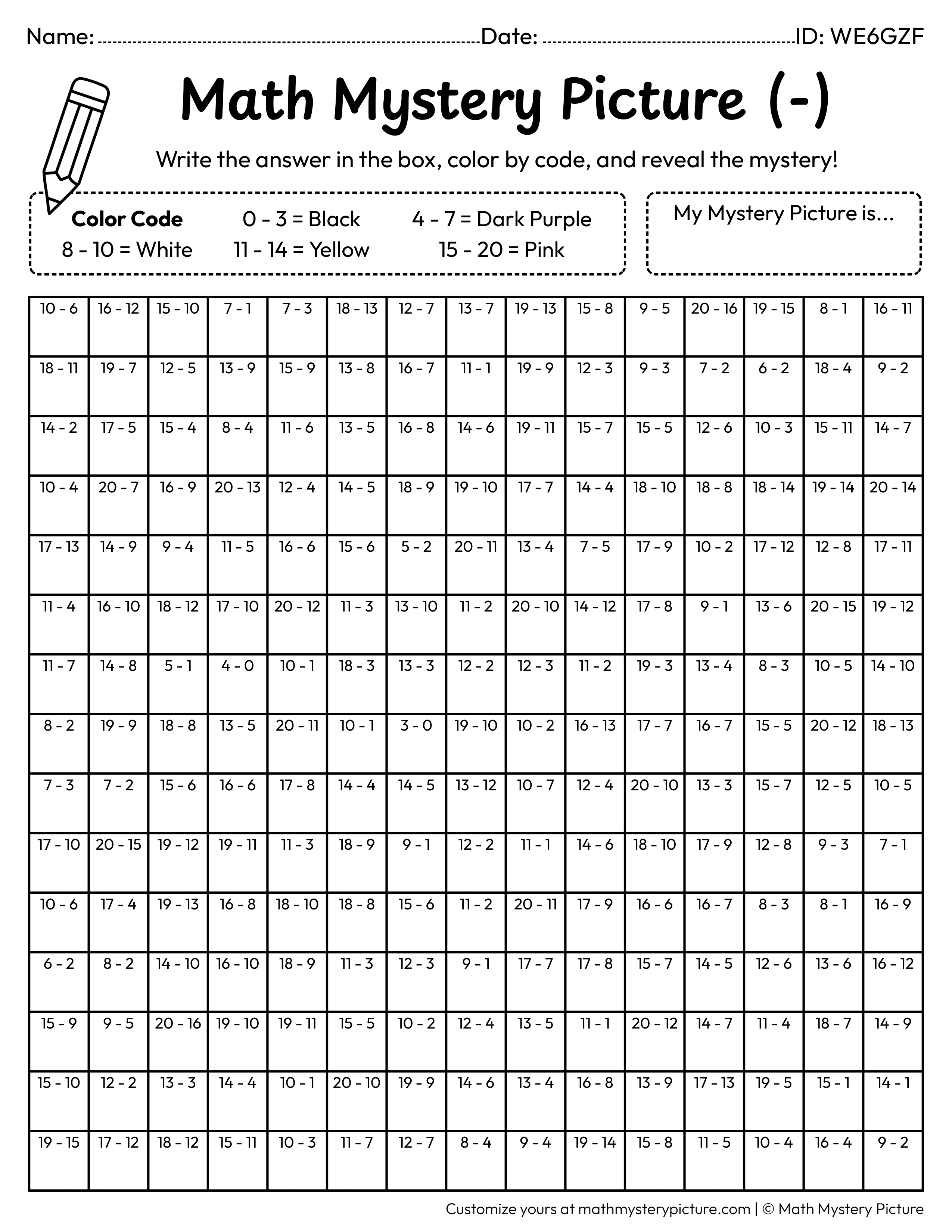 Halloween Cute Ghost Subtraction Within 20 Math Mystery Picture Coloring Worksheet
