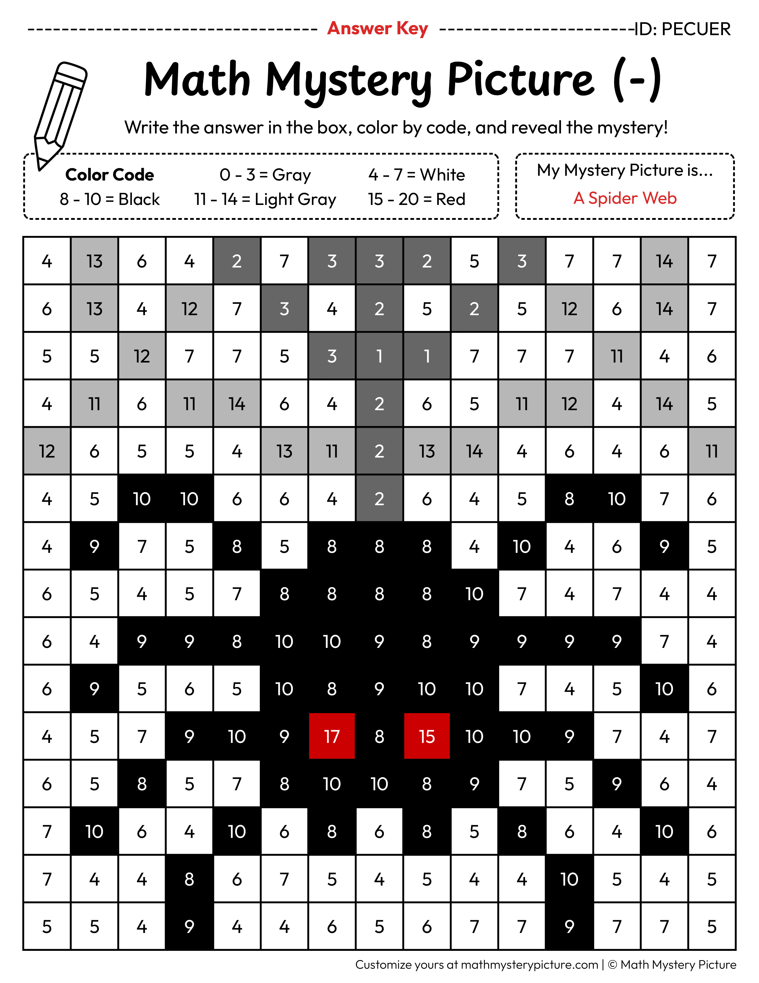 Halloween Spider Web Subtraction Within 20 Math Mystery Picture Color by Number Answer Key