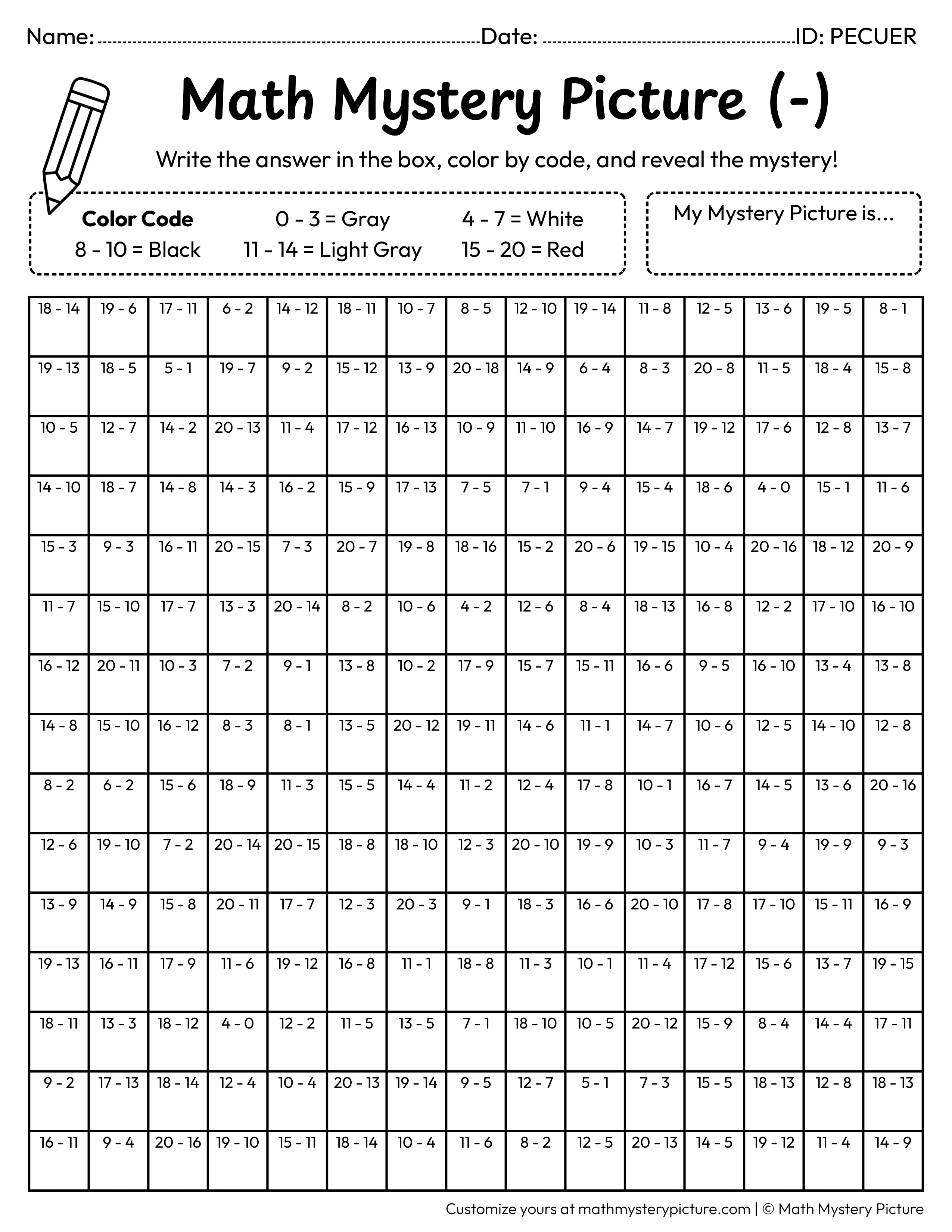 Halloween Spider Web Subtraction Within 20 Math Mystery Picture Coloring Worksheet