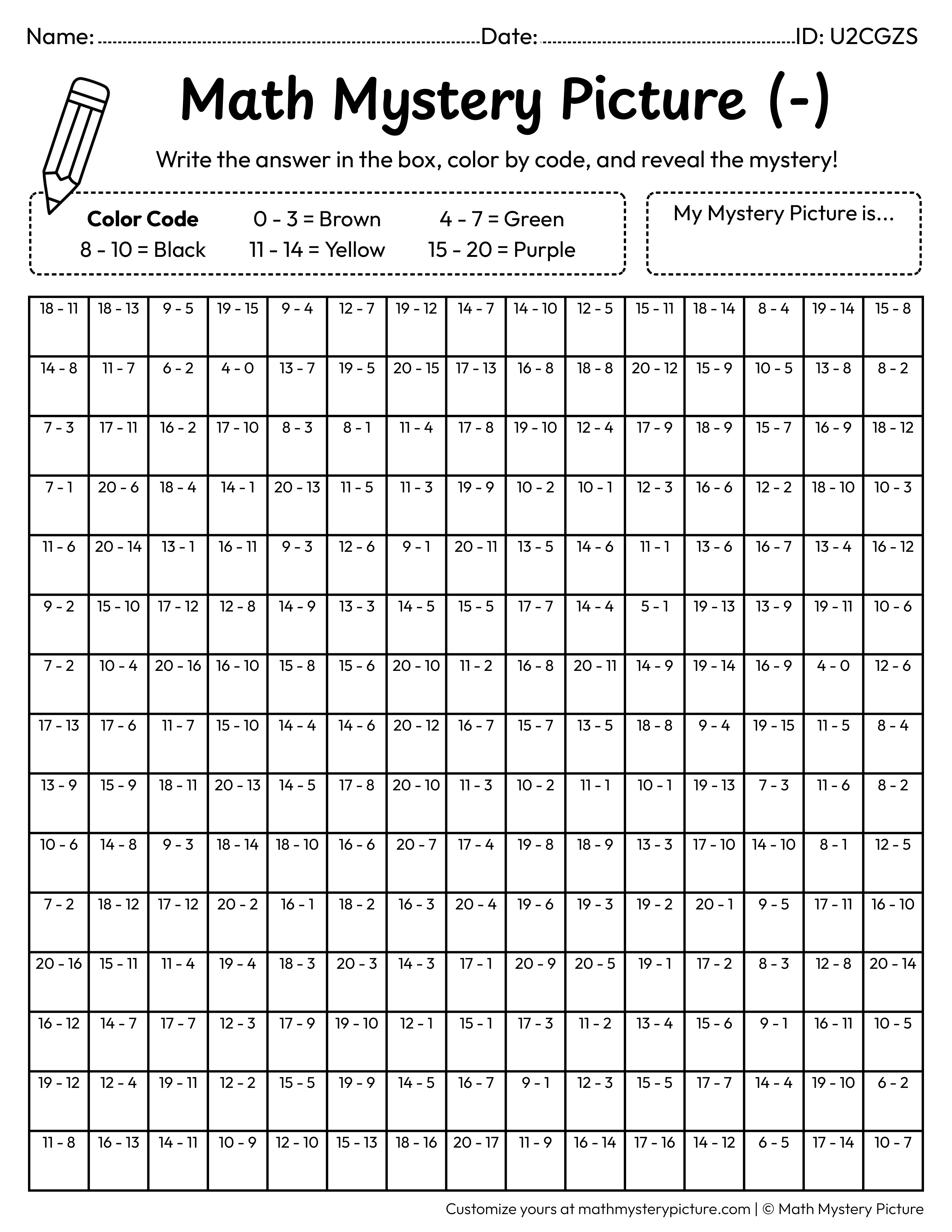 Halloween Witch Hat Subtraction Within 20 Math Mystery Picture Coloring Worksheet