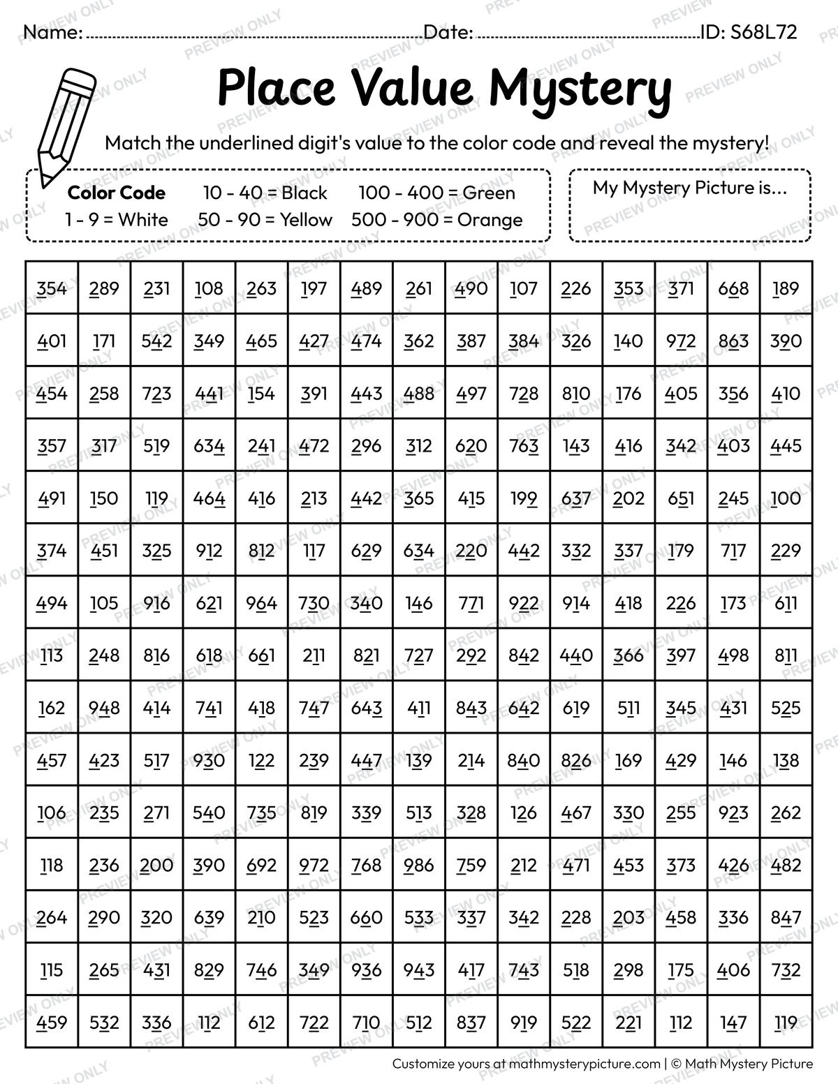 Halloween Black Cat Value of Underlined Digit Math Mystery Picture Coloring Worksheet