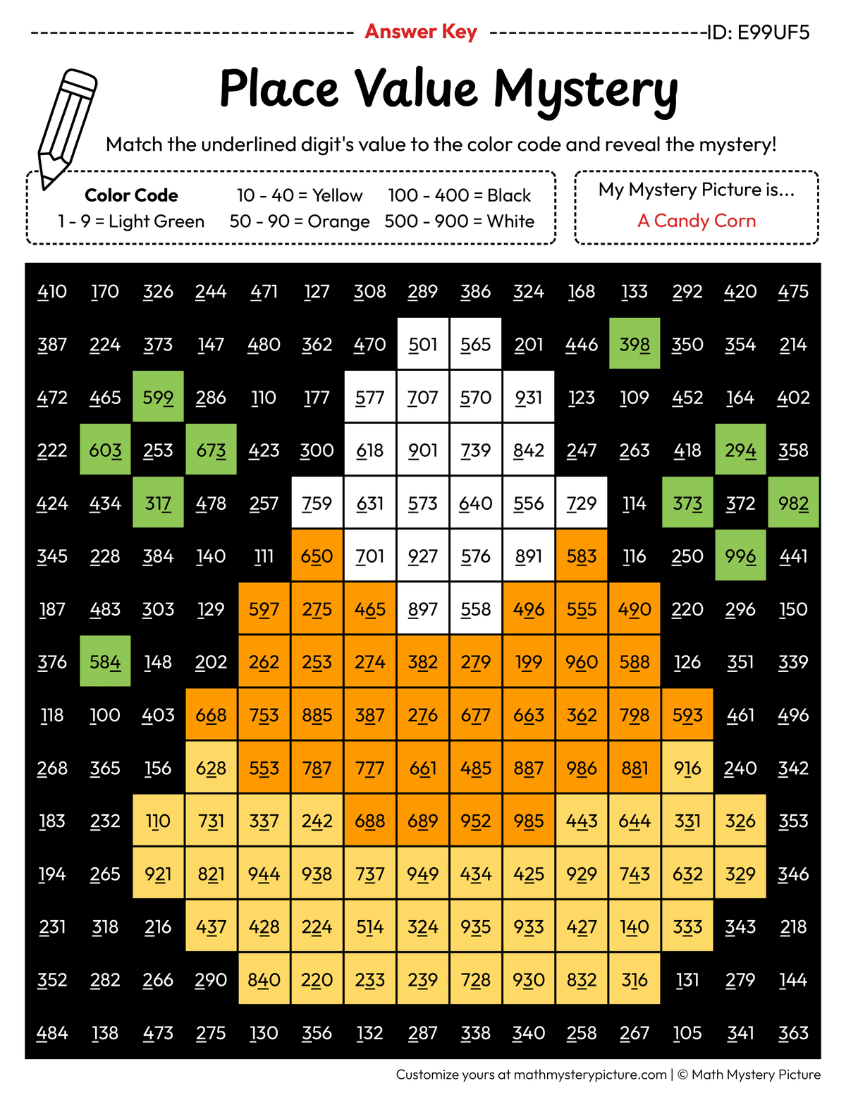 Halloween Candy Corn Value of Underlined Digit Math Mystery Picture Color by Number Answer Key