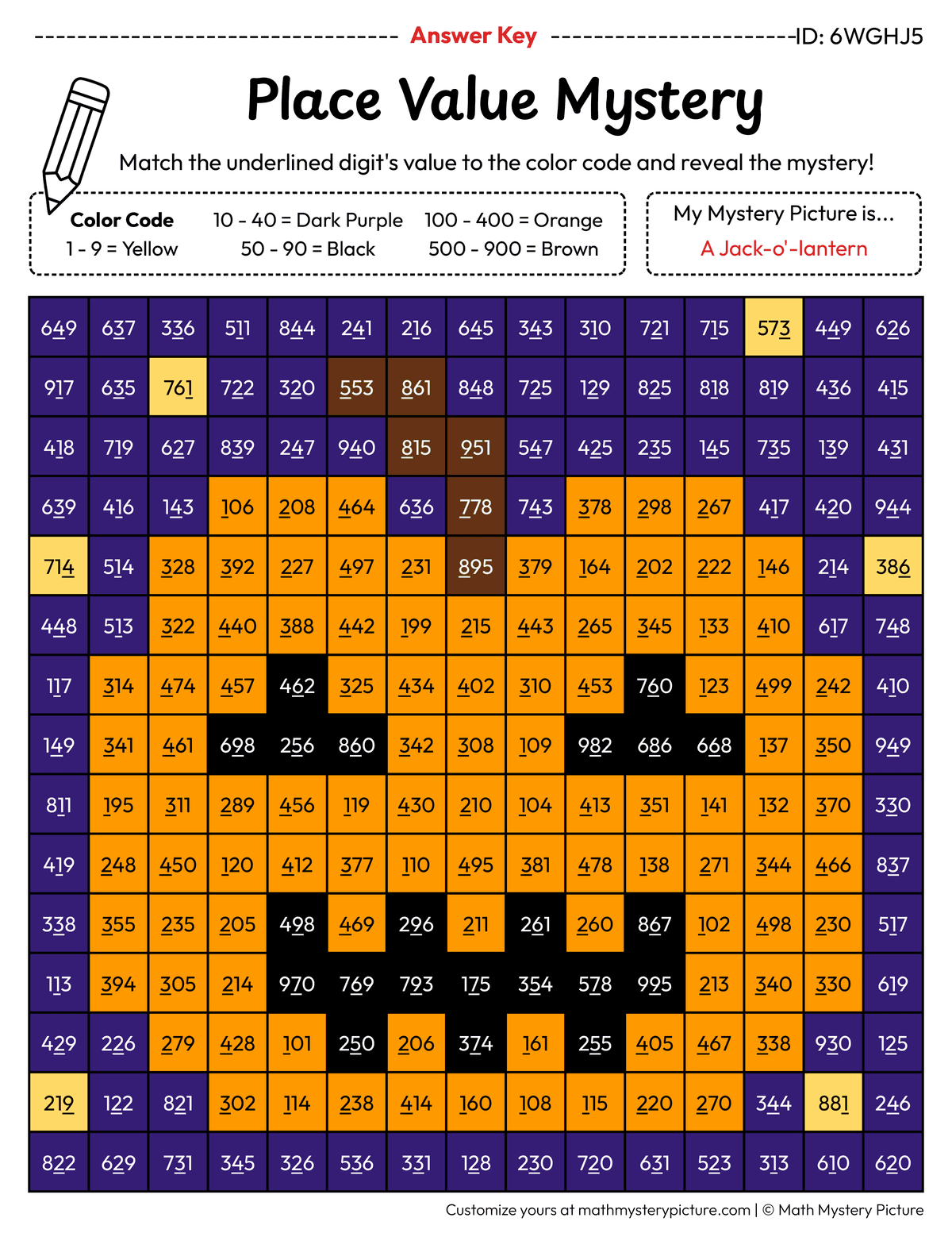 Halloween Jack-o'-lantern Value of Underlined Digit Math Mystery Picture Color by Number Answer Key