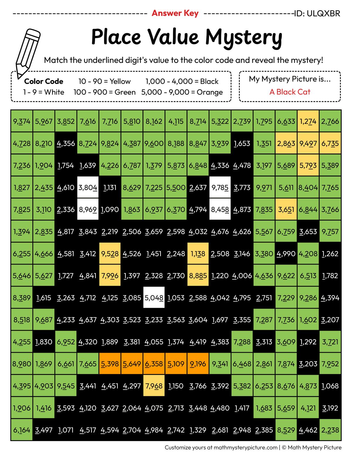 Halloween Black Cat Value of Underlined Digit Math Mystery Picture Color by Number Answer Key
