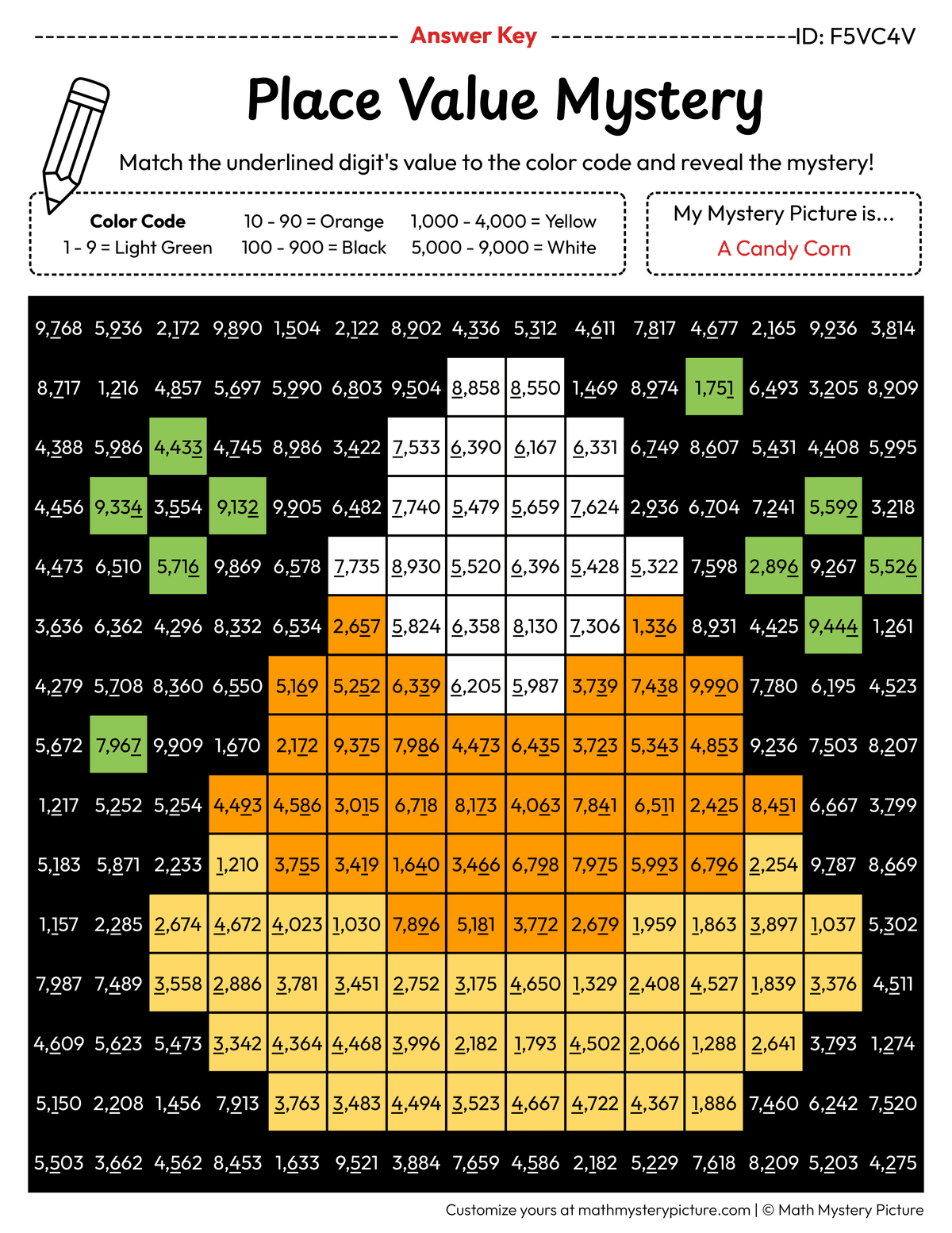 Halloween Candy Corn Value of Underlined Digit Math Mystery Picture Color by Number Answer Key