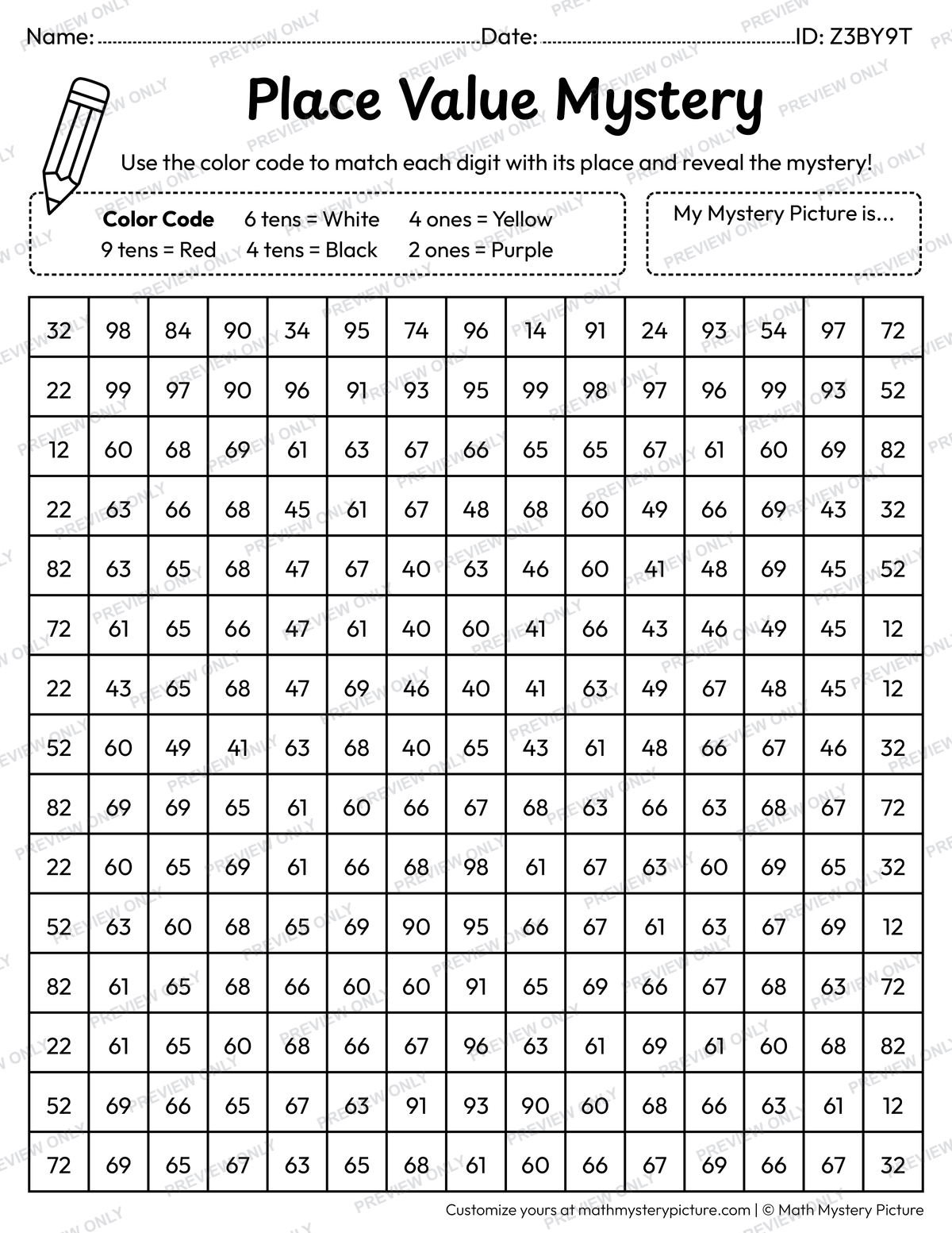 New Year Jan 1st Calendar 2-digit Place Value Math Mystery Picture Coloring Worksheet