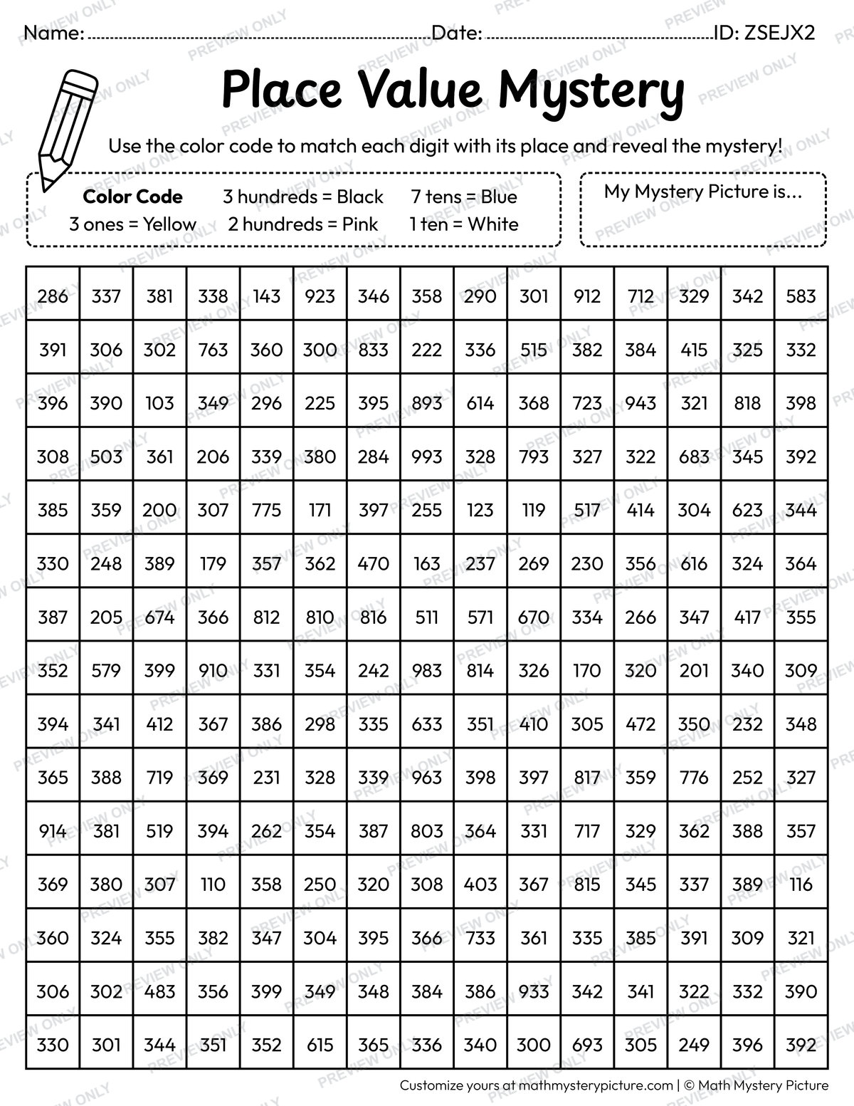 New Year Fireworks 3-digit Place Value Math Mystery Picture Coloring Worksheet