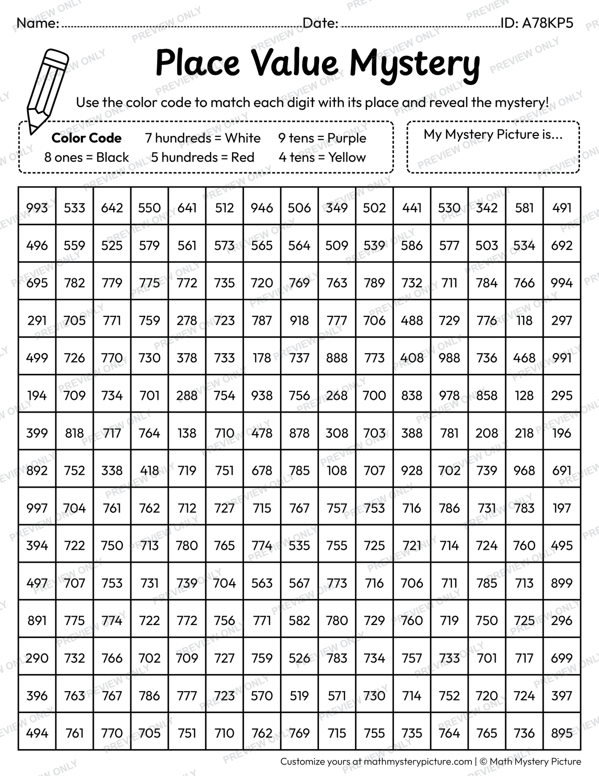 New Year Jan 1st Calendar 3-digit Place Value Math Mystery Picture Coloring Worksheet