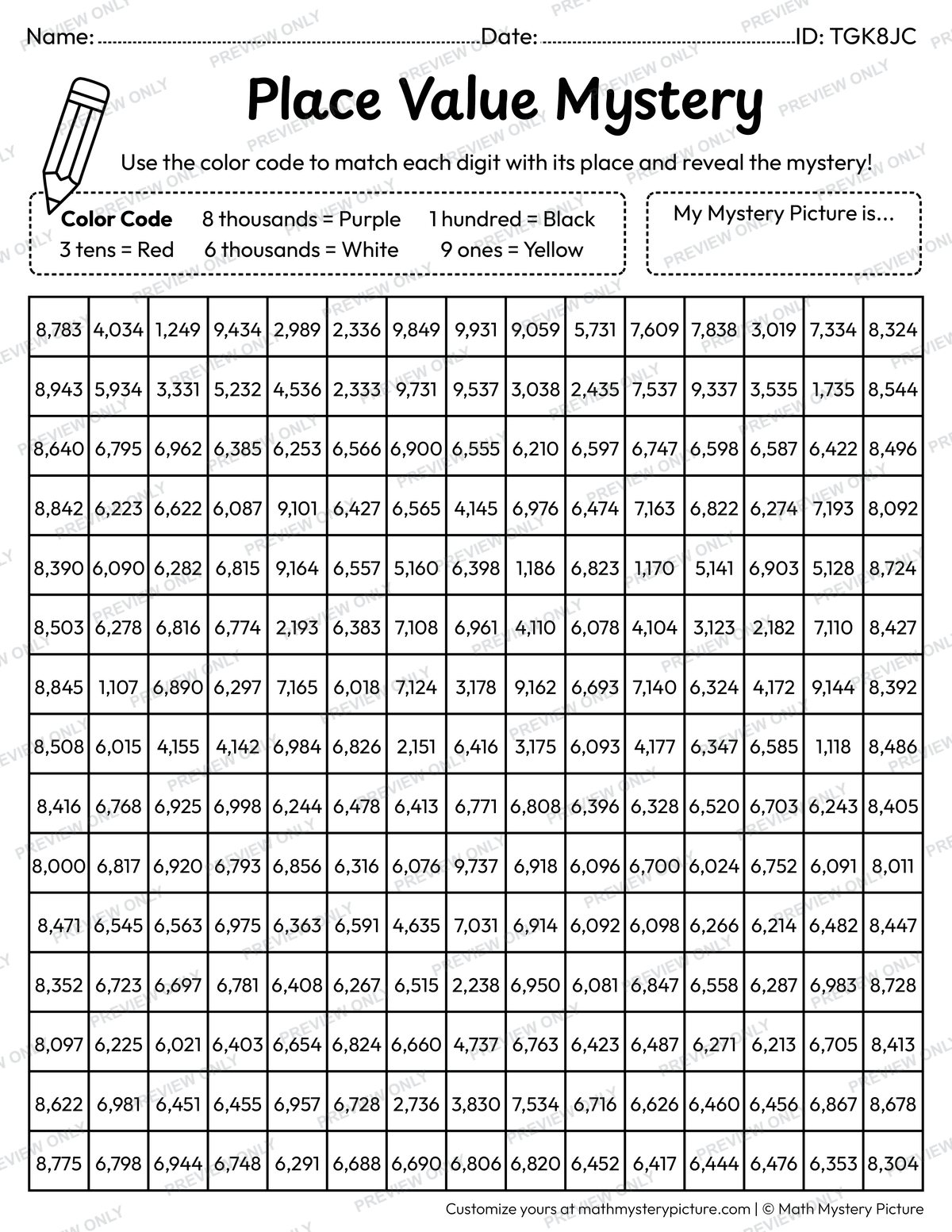 New Year Jan 1st Calendar 4-digit Place Value Math Mystery Picture Coloring Worksheet