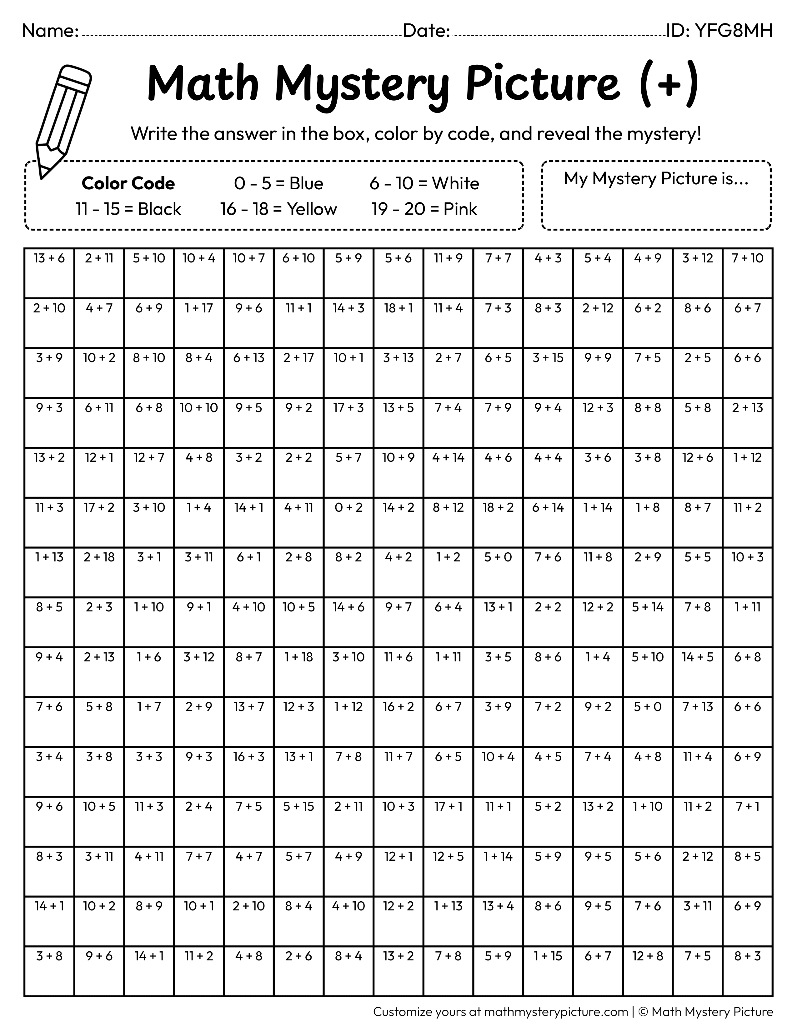 New Year Fireworks Addition Within 20 Math Mystery Picture Coloring Worksheet