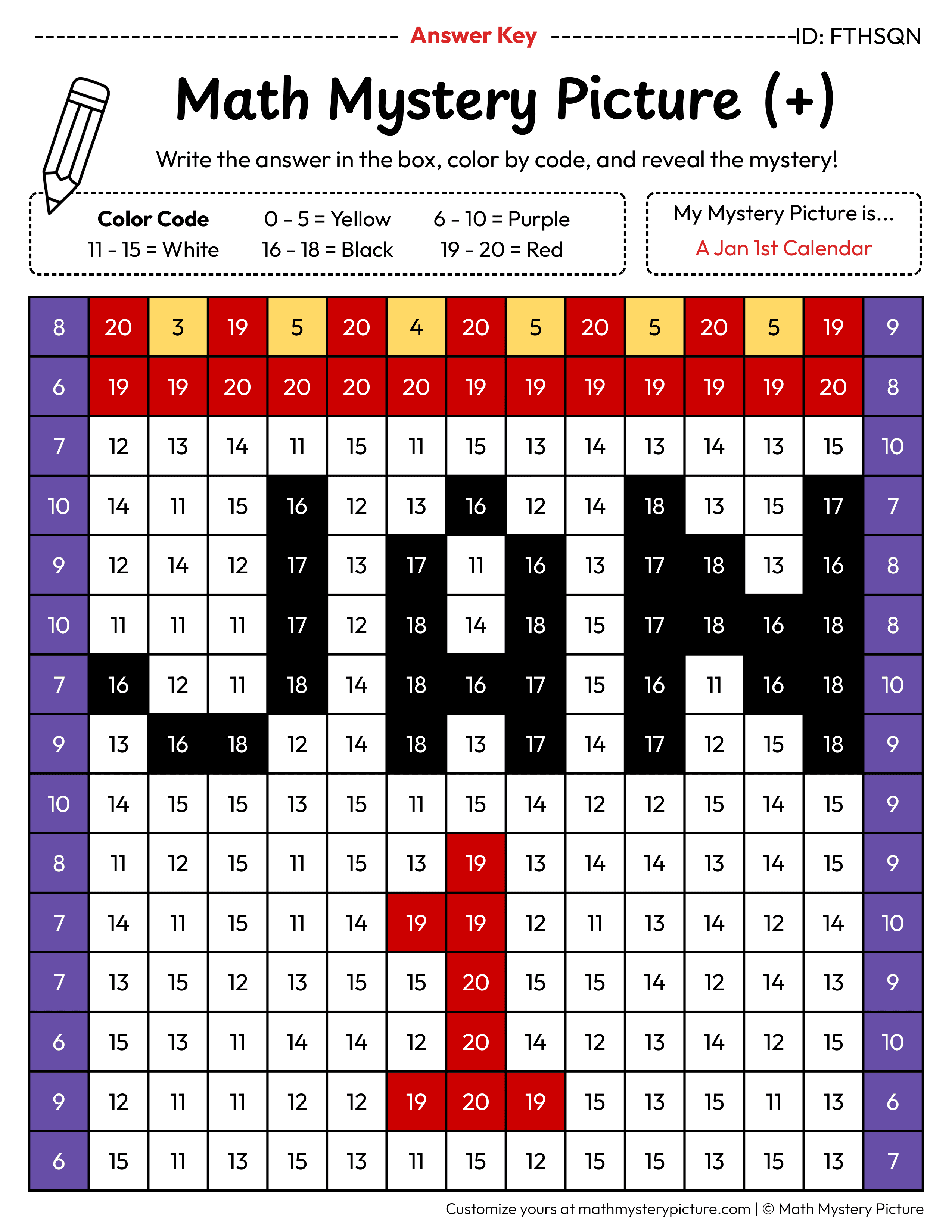 New Year Jan 1st Calendar Addition Within 20 Math Mystery Picture Color by Number Answer Key