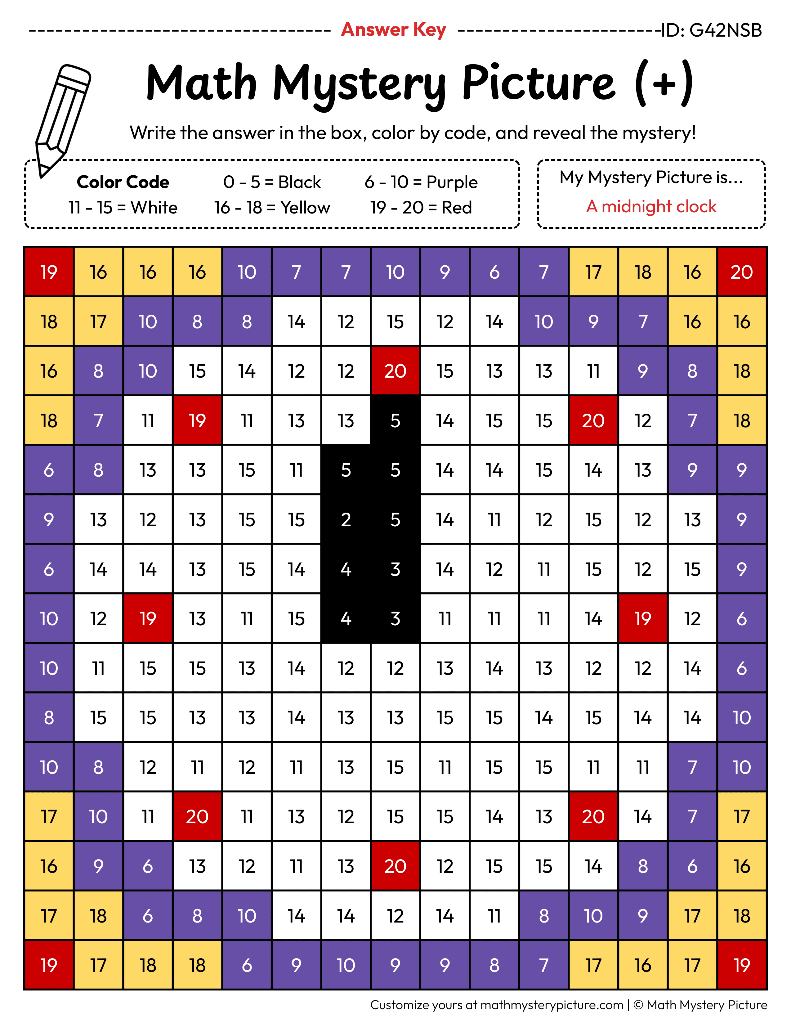 New Year Midnight Clock Addition Within 20 Math Mystery Picture Color by Number Answer Key